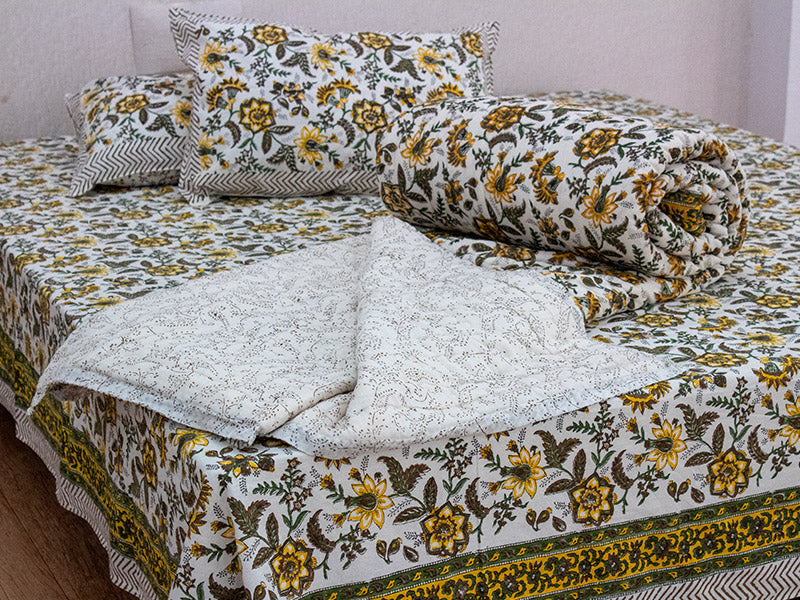 Yellow Green Floral Jaal Block Print bedding set