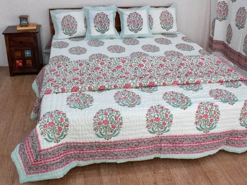Pink Green Guldasta Block Print bedding set