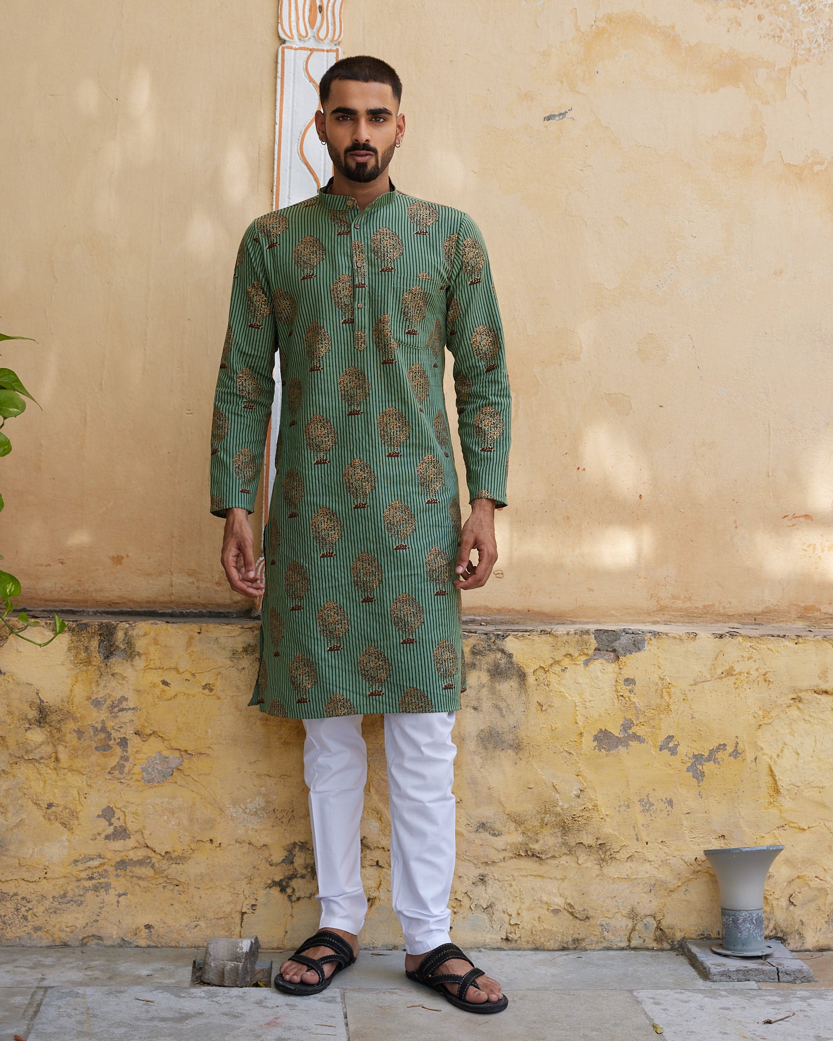 Cotton Block Green Tree Men's Ethnic Kurta
