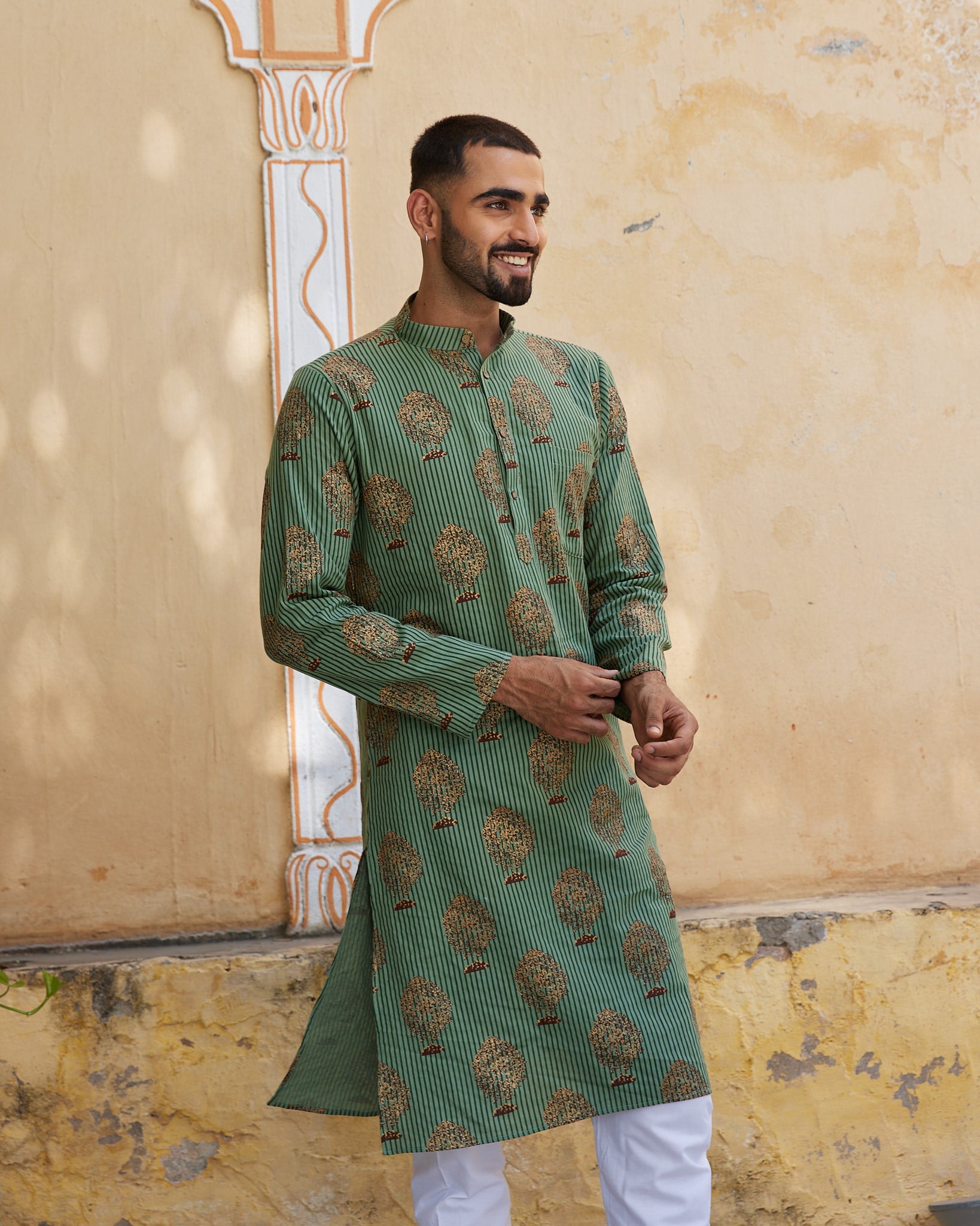 Cotton Block Green Tree Men's Ethnic Kurta