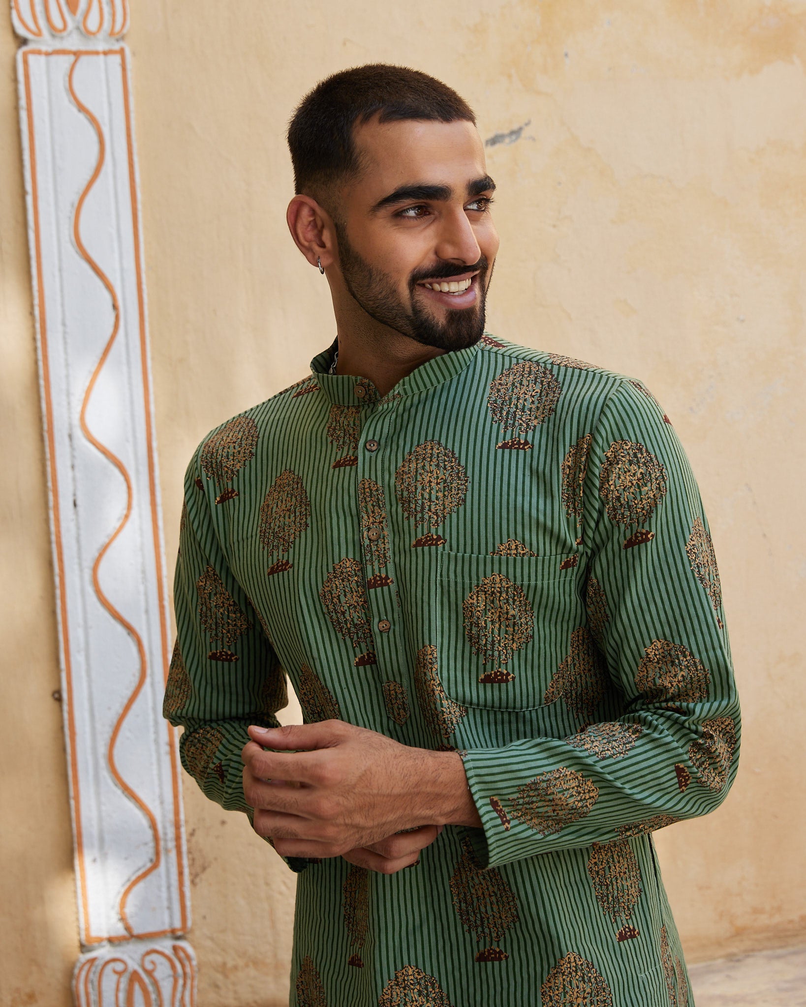 Cotton Block Green Tree Men's Ethnic Kurta