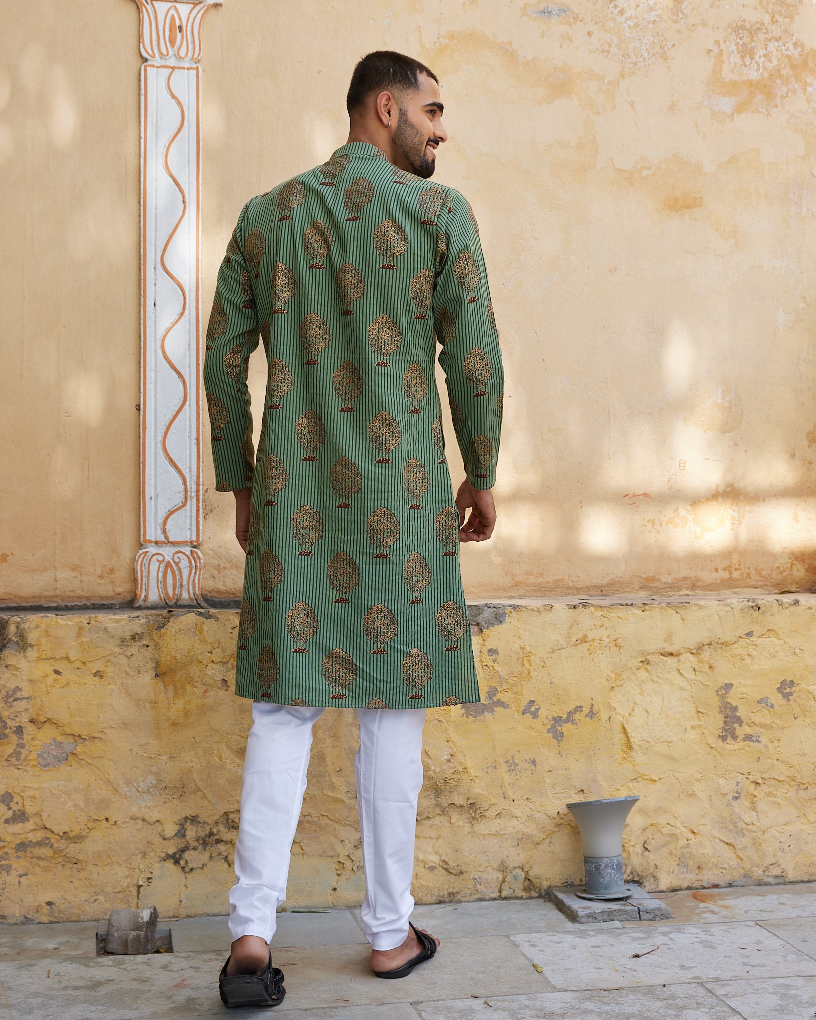 Cotton Block Green Tree Men's Ethnic Kurta