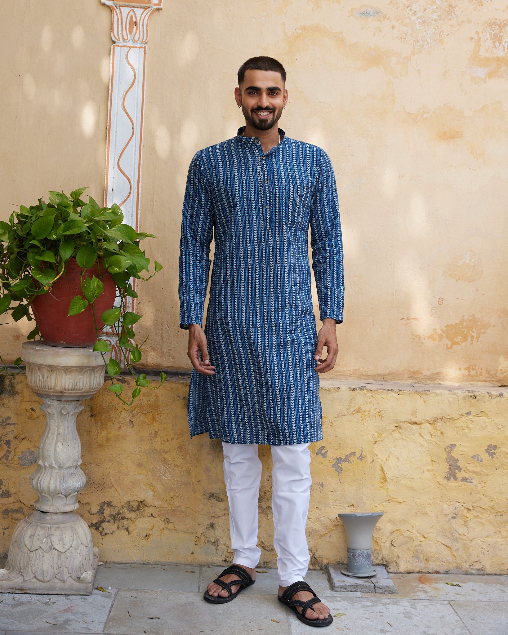 Cotton Blue-White Geometric Kantha Block Men's Ethnic Kurta