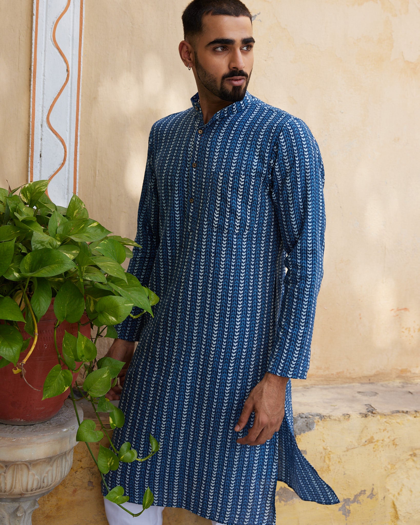 Cotton Blue-White Geometric Kantha Block Men's Ethnic Kurta