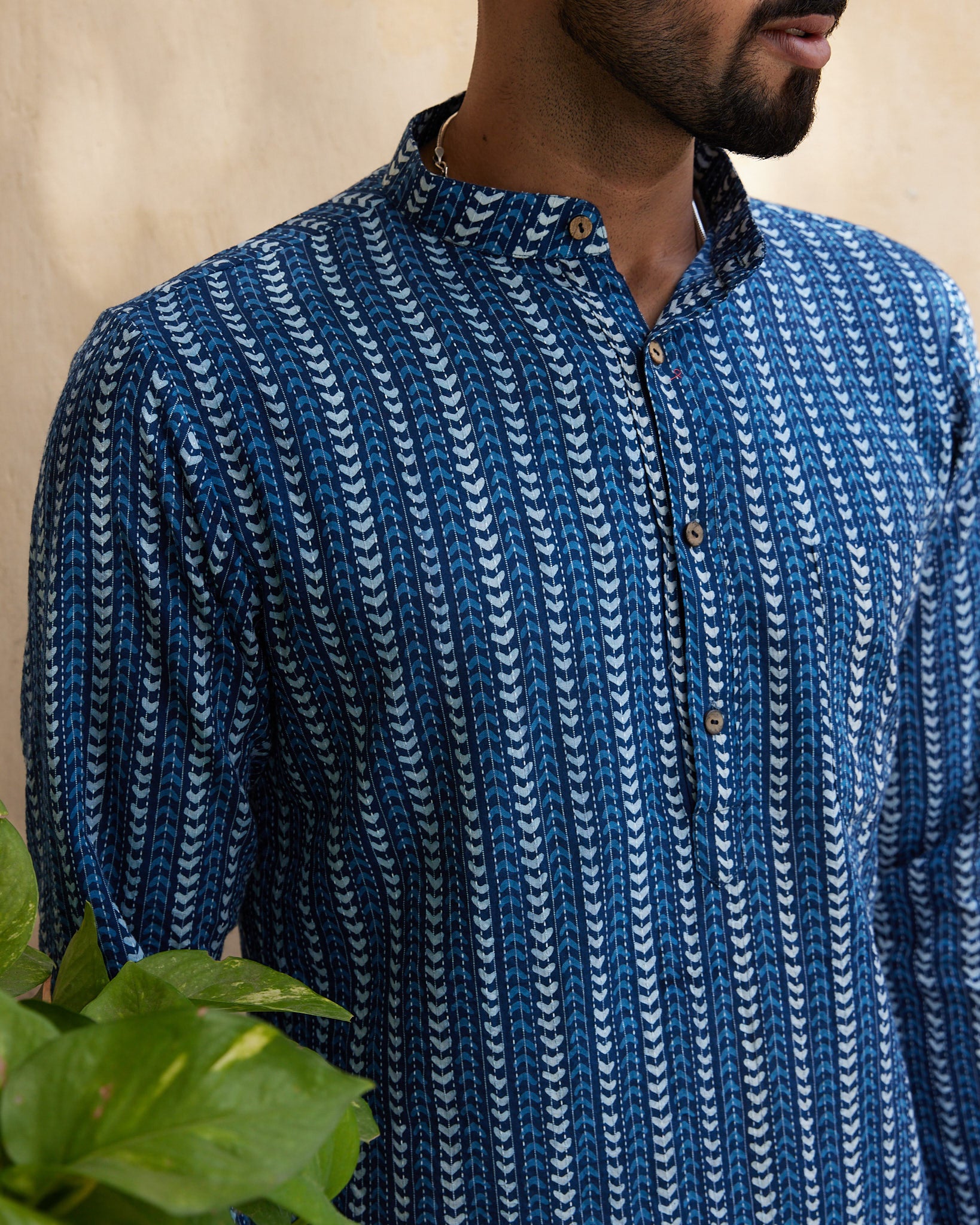 Cotton Blue-White Geometric Kantha Block Men's Ethnic Kurta