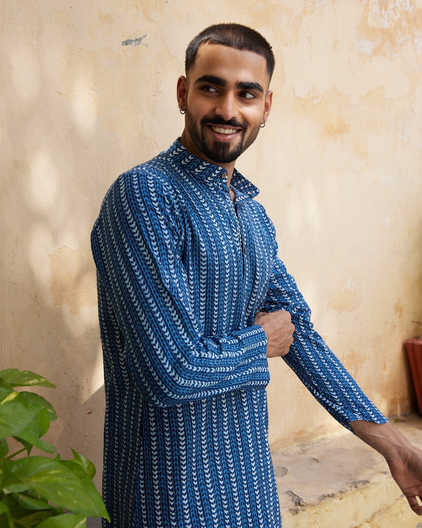 Cotton Blue-White Geometric Kantha Block Men's Ethnic Kurta