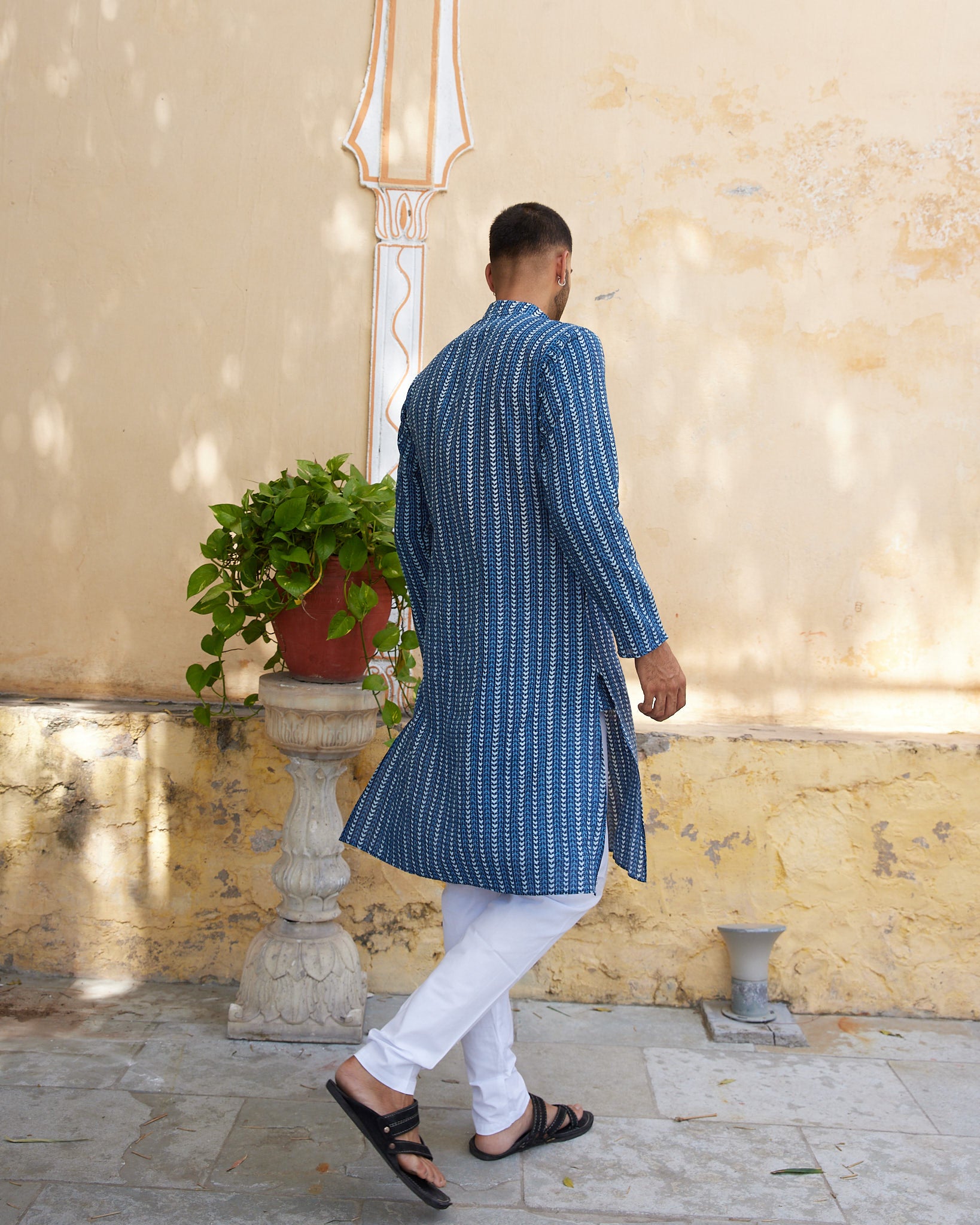 Cotton Blue-White Geometric Kantha Block Men's Ethnic Kurta