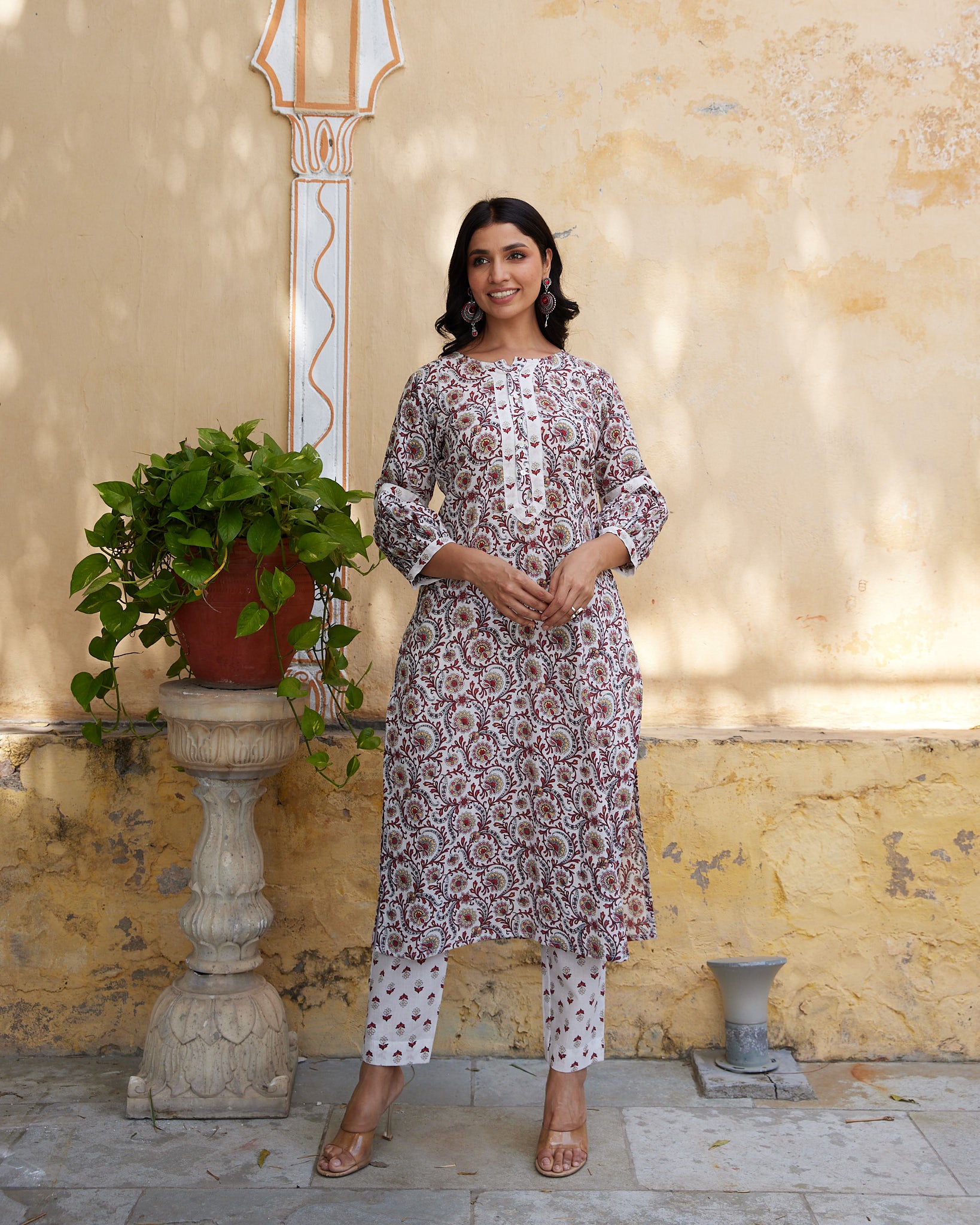 Cotton Women's White-Red Floral Kurta Pant Set