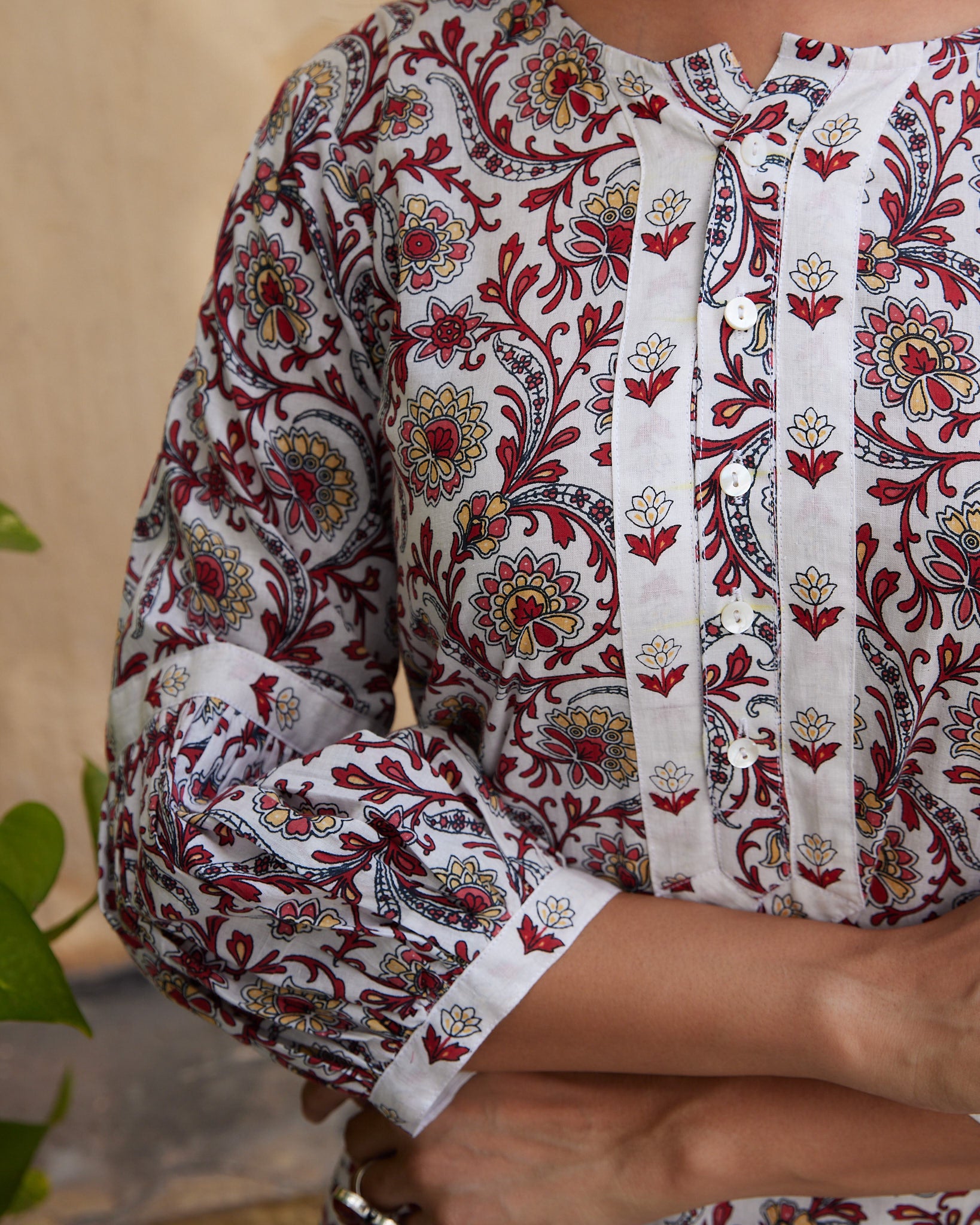 Cotton Women's White-Red Floral Suit Set