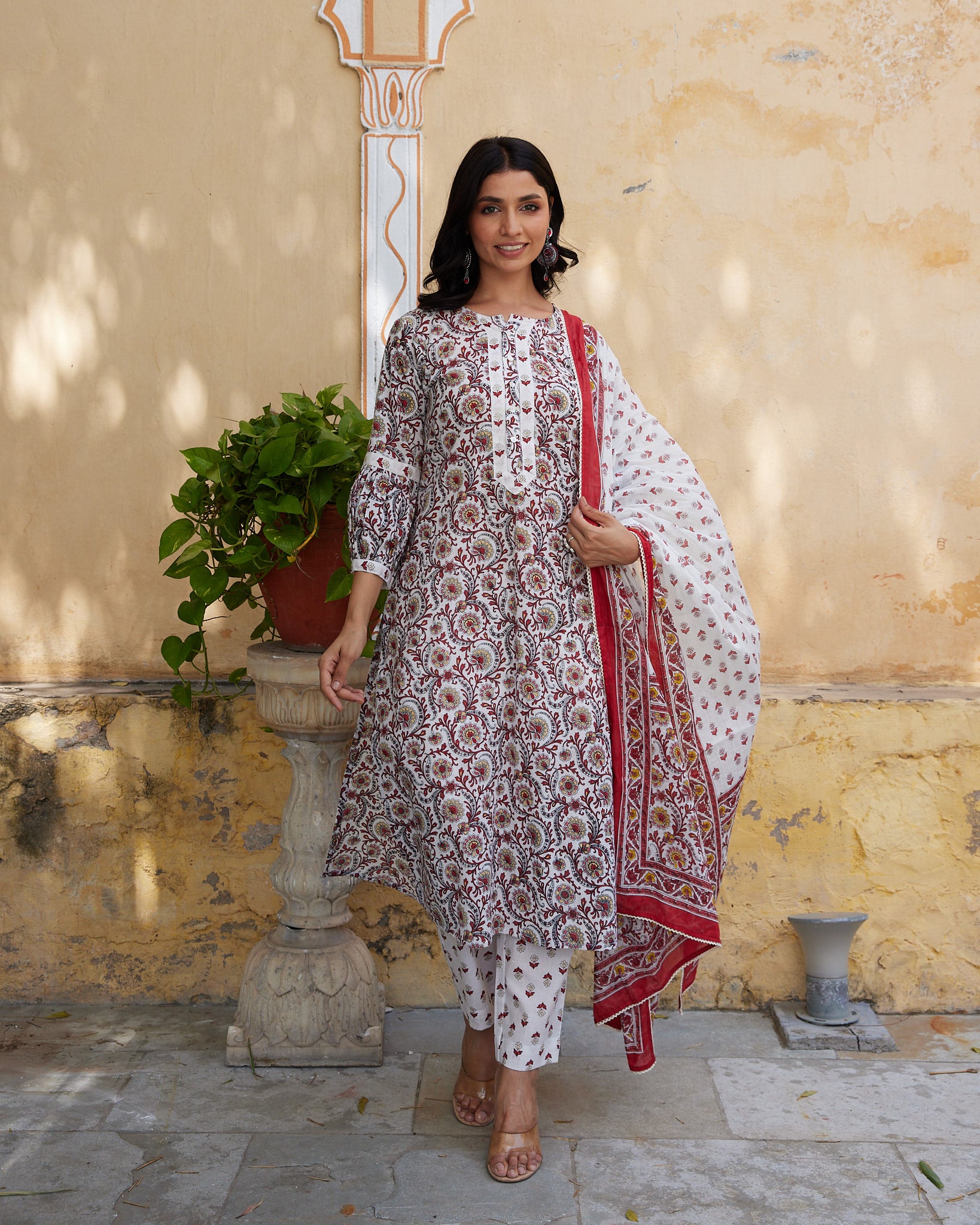 Cotton Women's White-Red Floral Suit Set