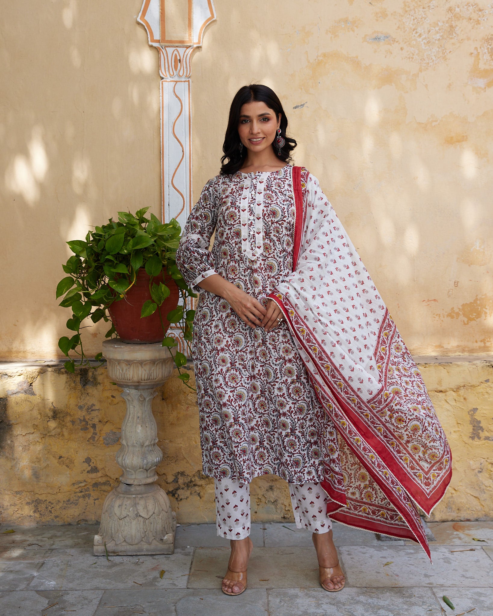 Cotton Women's White-Red Floral Suit Set