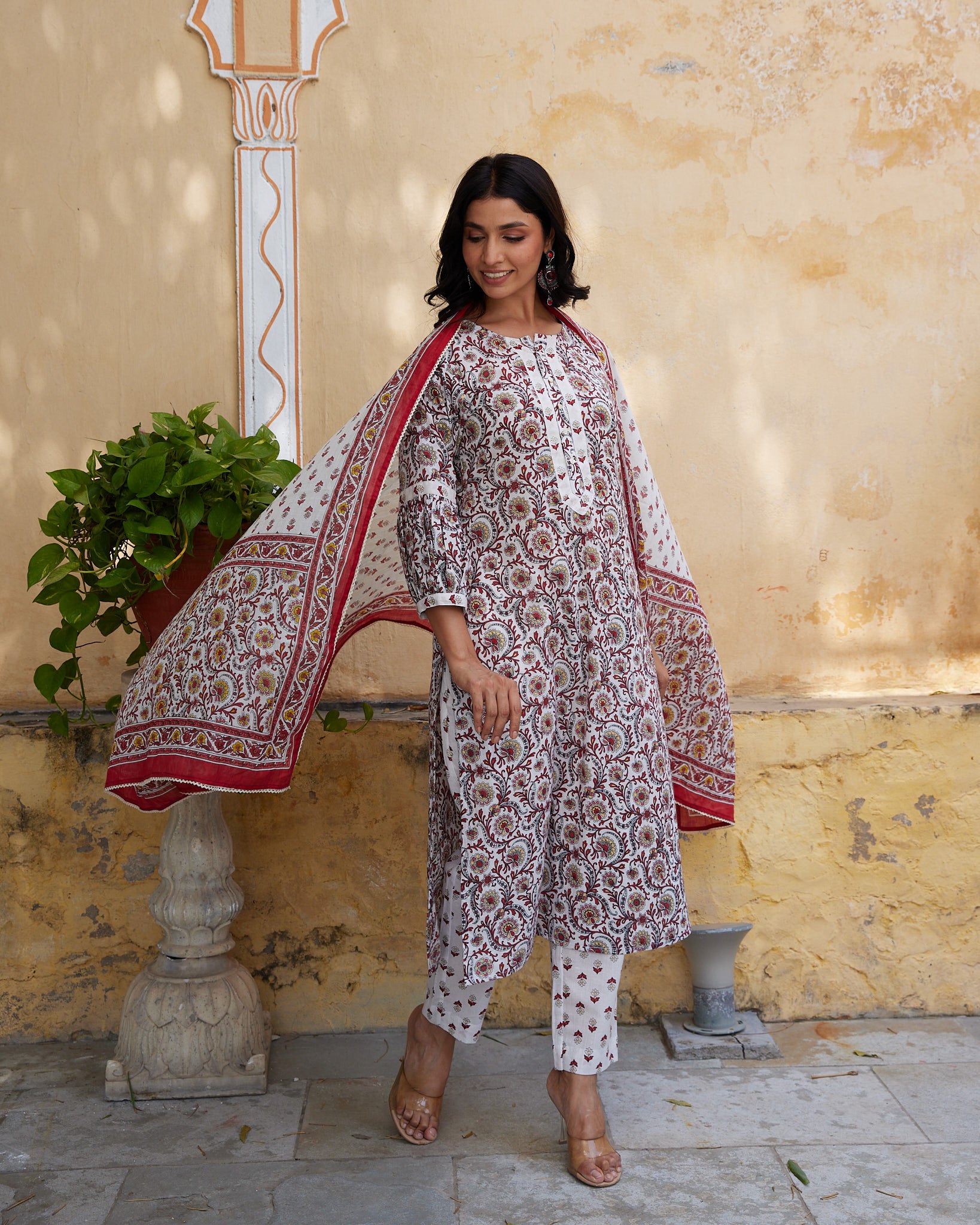 Cotton Women's White-Red Floral Suit Set