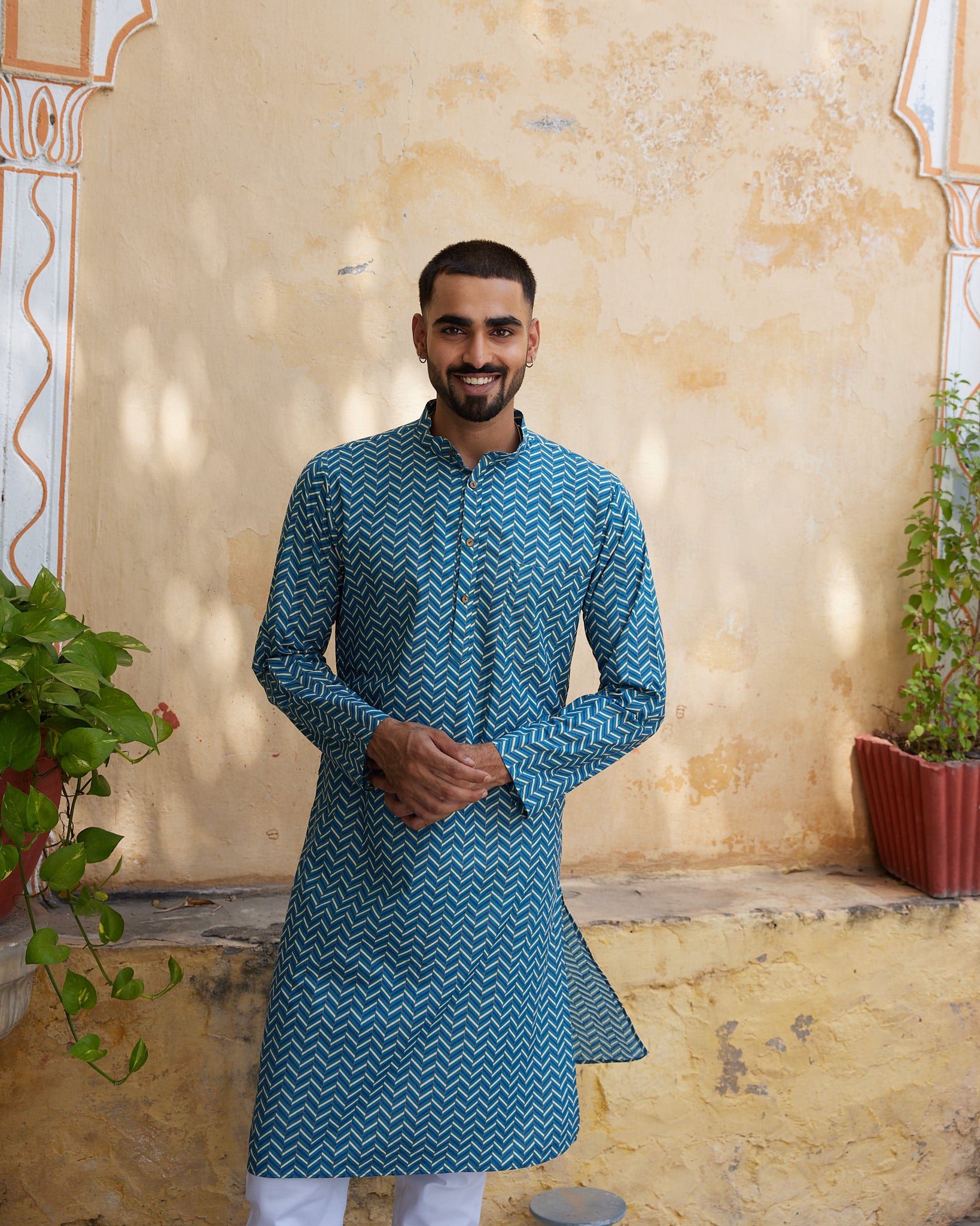 Cotton Blue-White Waving Men's Ethnic Kurta