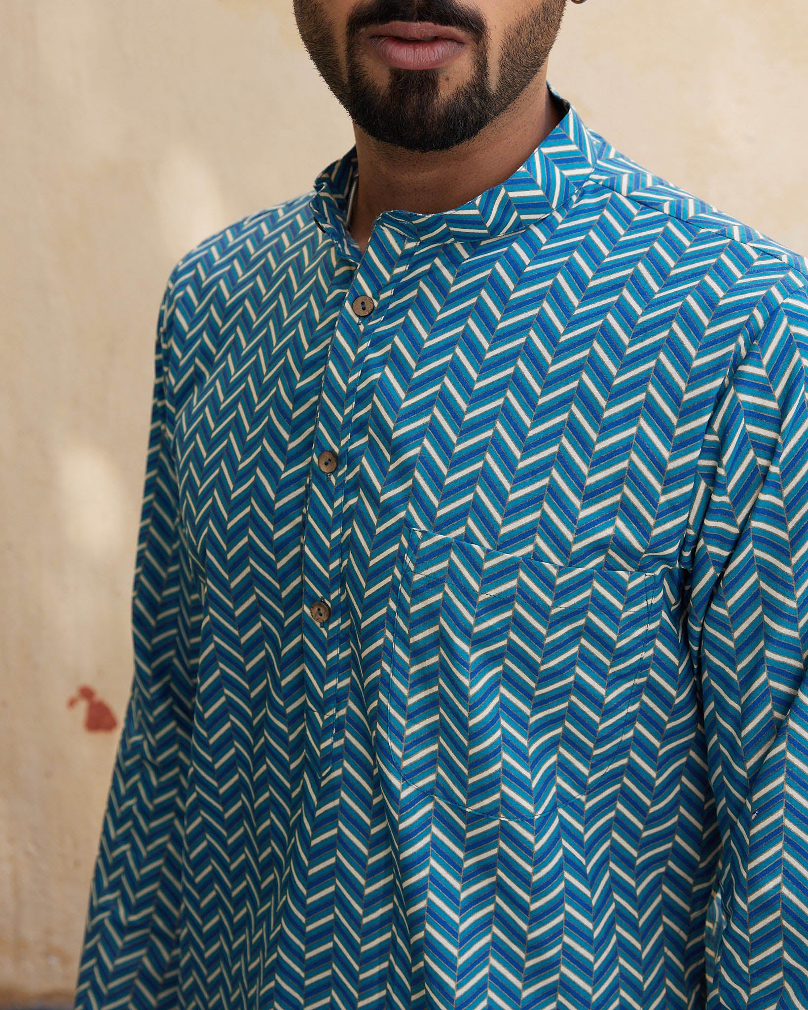 Cotton Blue-White Waving Men's Ethnic Kurta