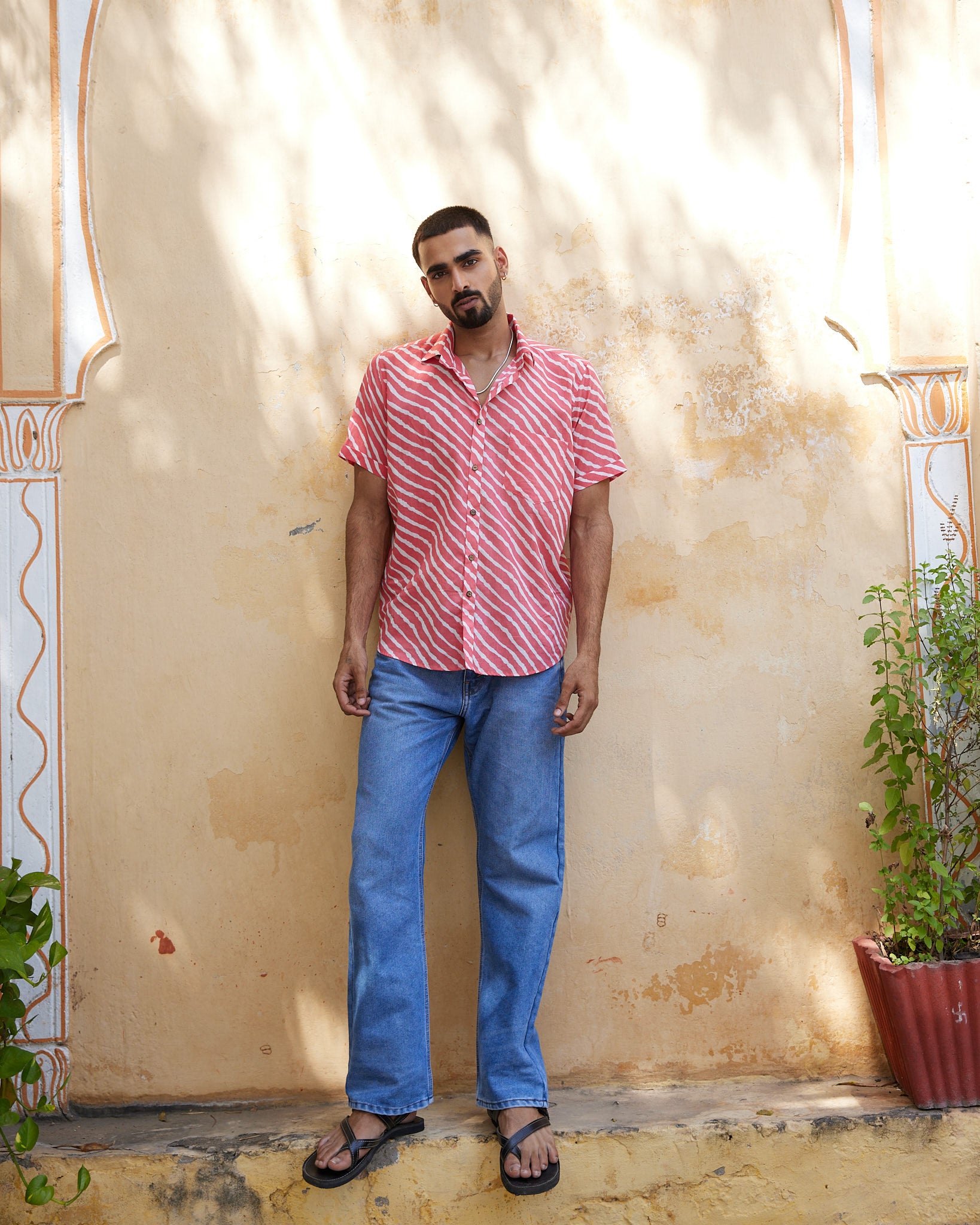 Cotton Men's Peach Laharia Half Sleeves Shirt
