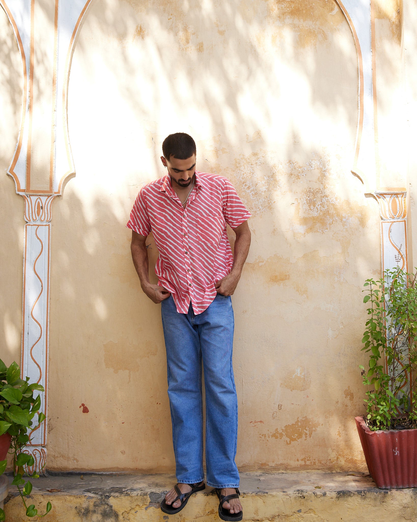 Cotton Men's Peach Laharia Half Sleeves Shirt