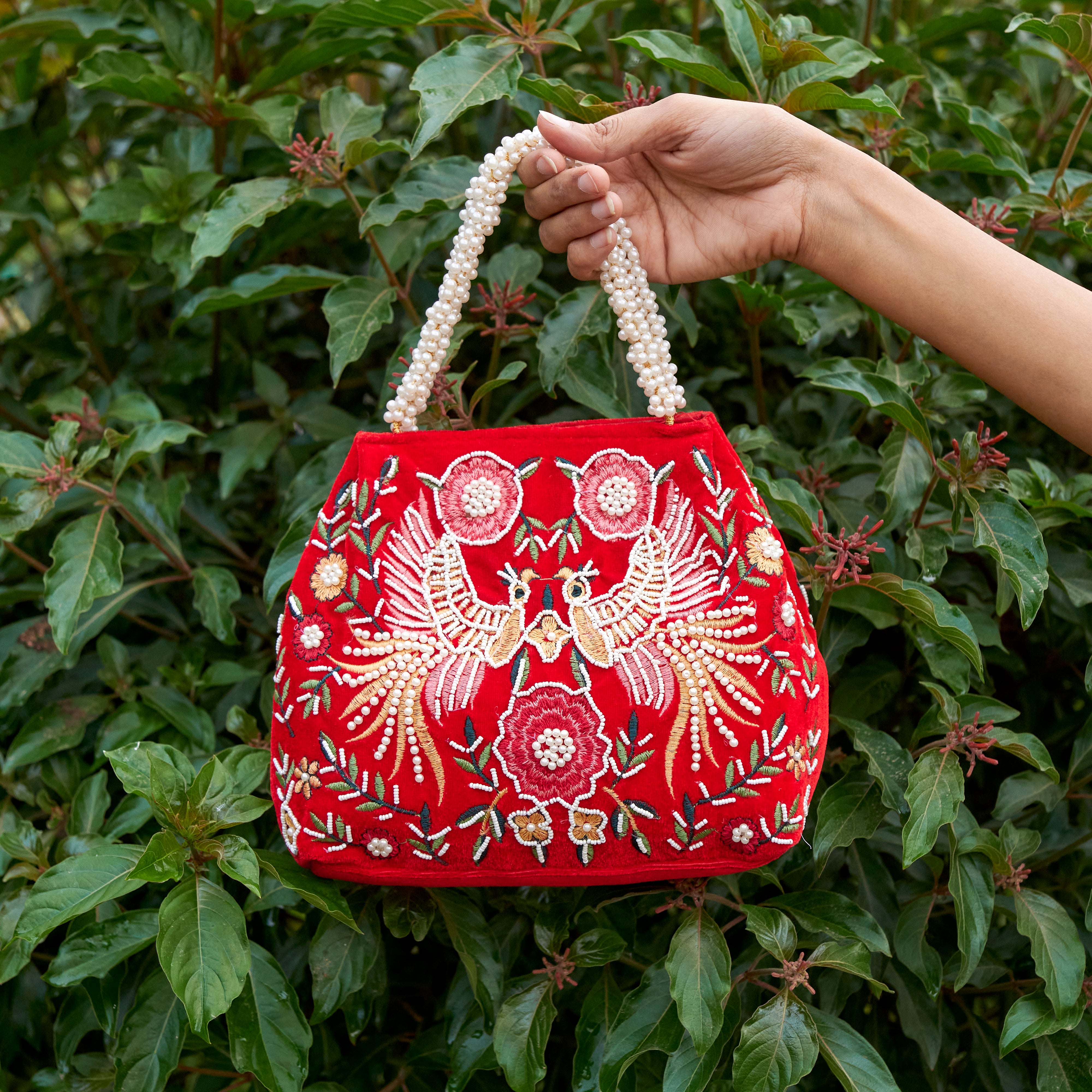 Cotton Velvet Womens Red Pink Peacock Hand Bag