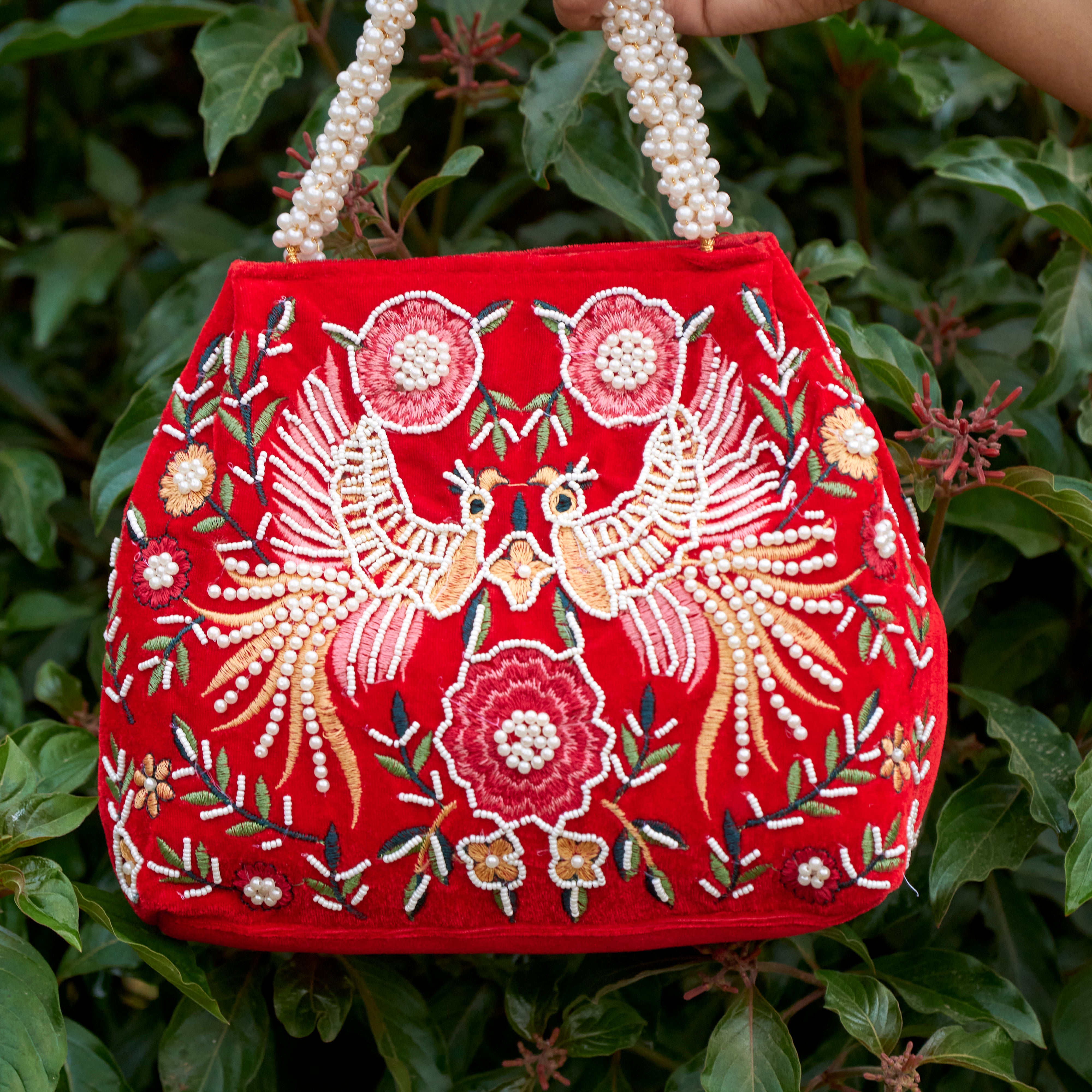 Cotton Velvet Womens Red Pink Peacock Hand Bag