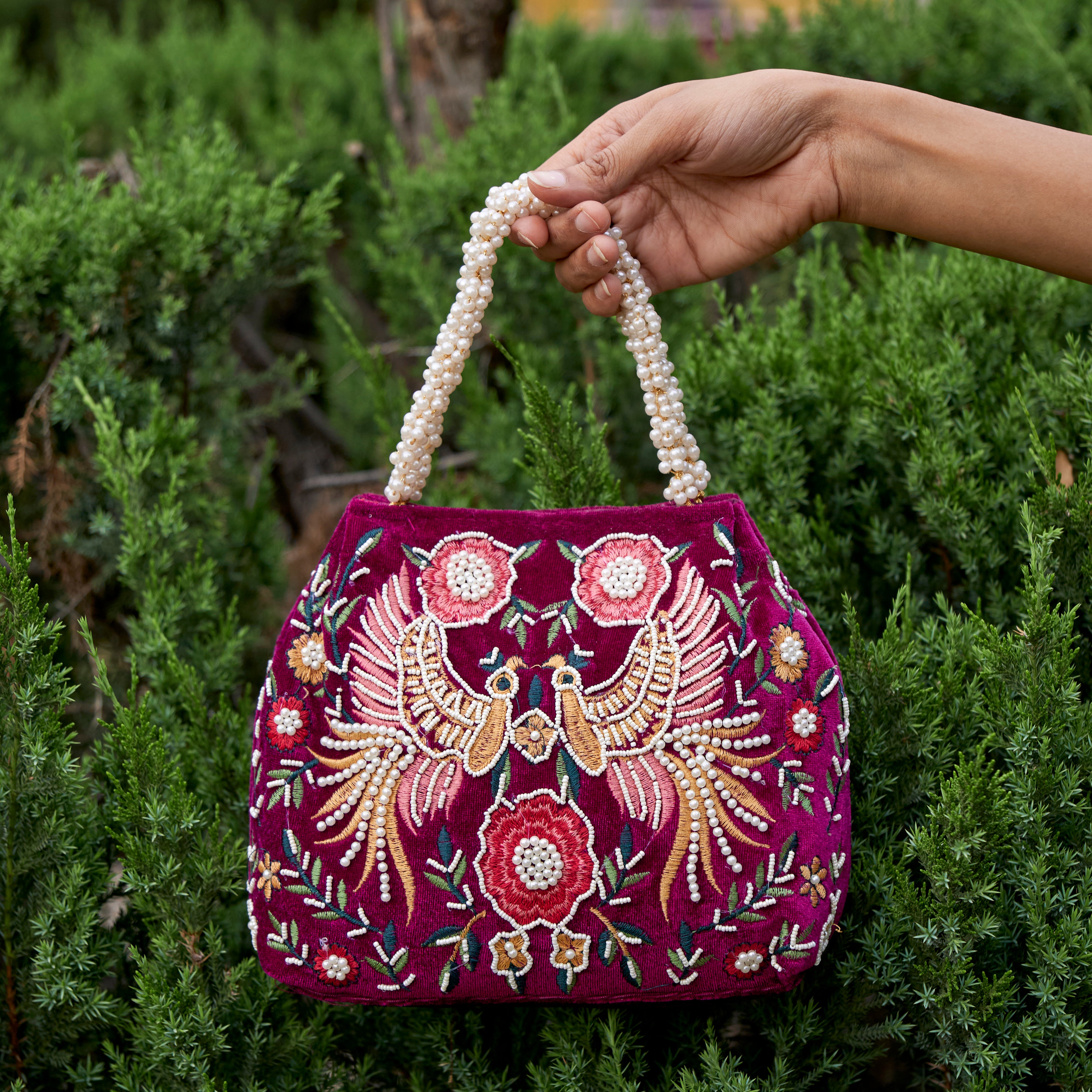 Cotton Velvet Womens Purple Pink Peacock Hand Bag