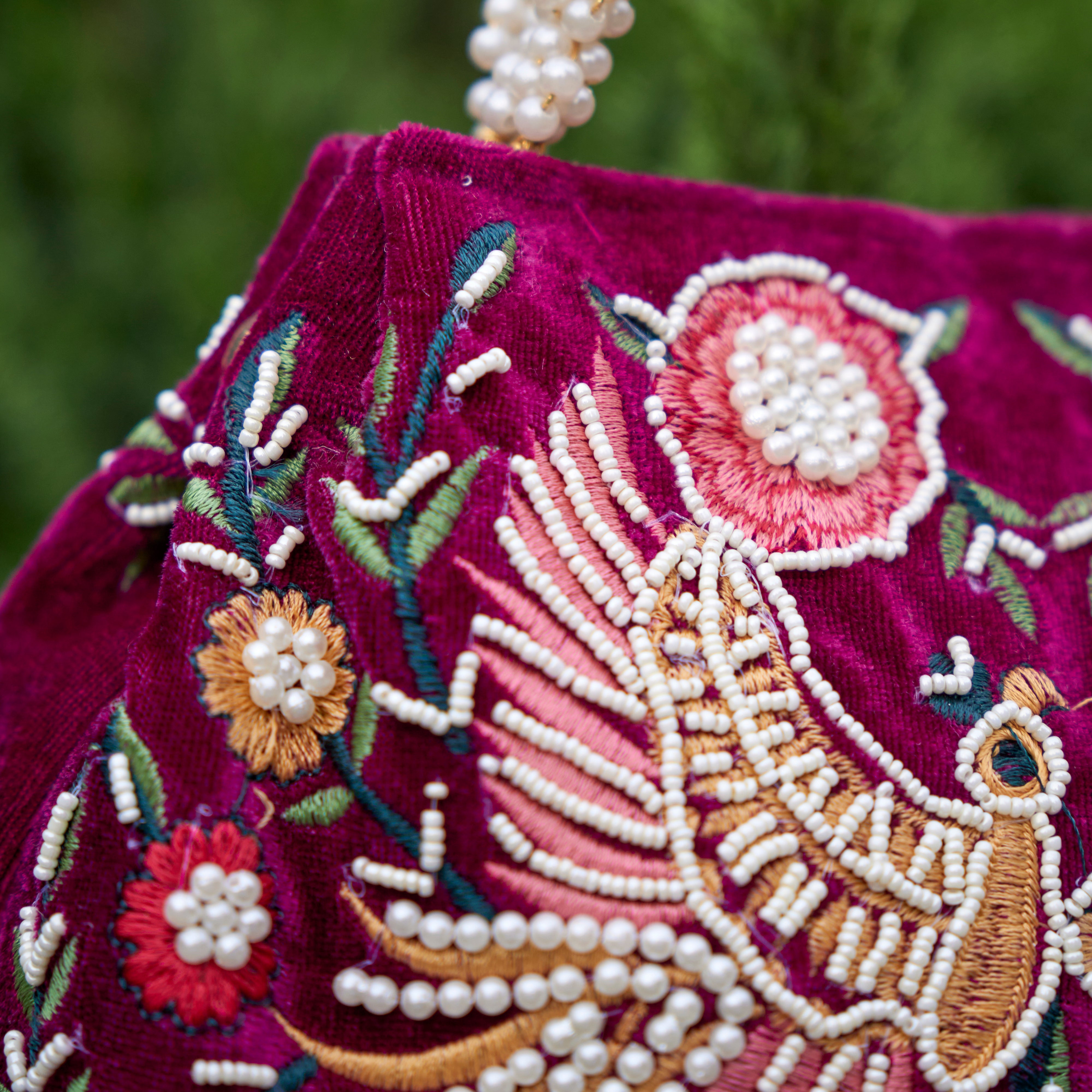 Cotton Velvet Womens Purple Pink Peacock Hand Bag