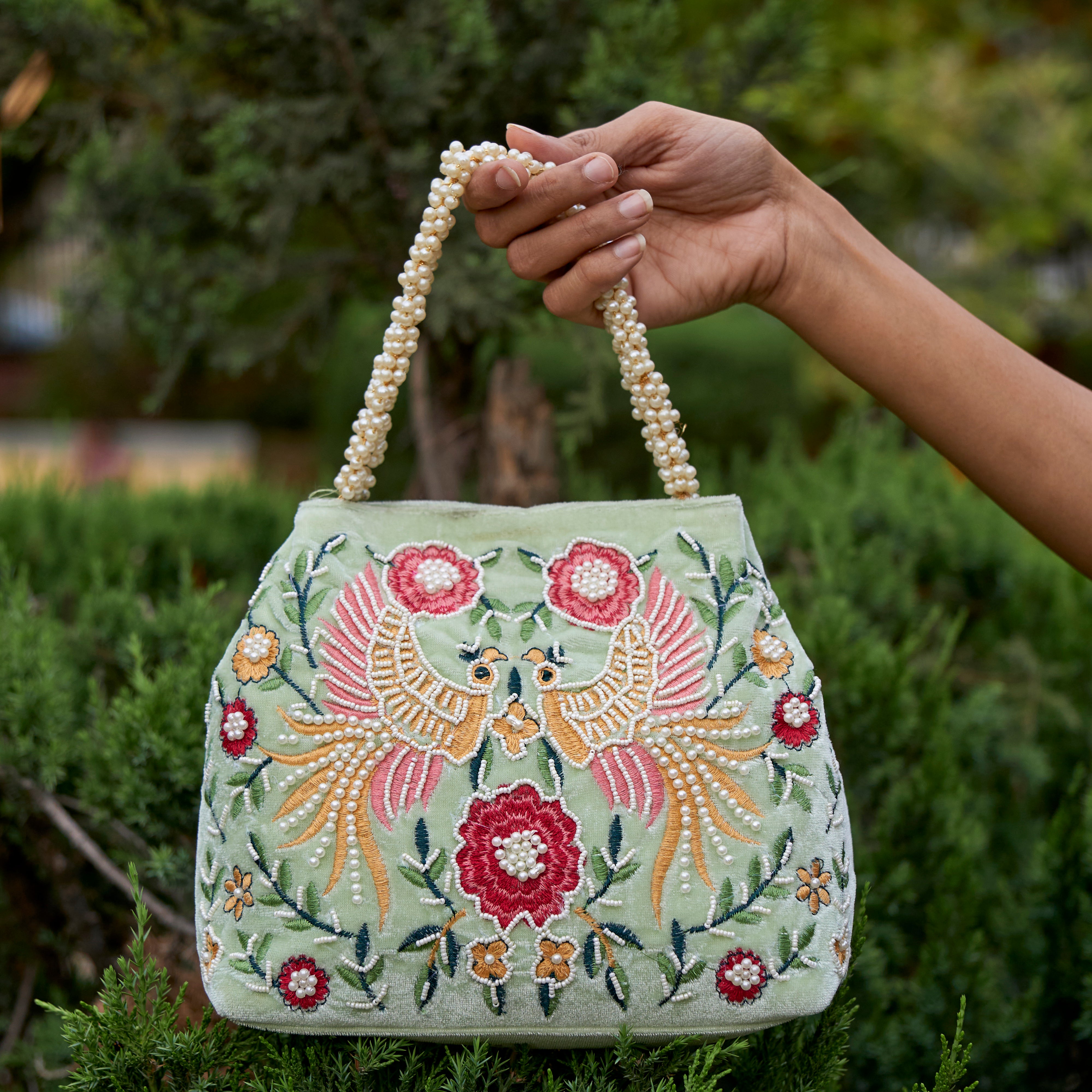 Cotton Velvet Womens Baby Blue Pink Peacock Hand Bag