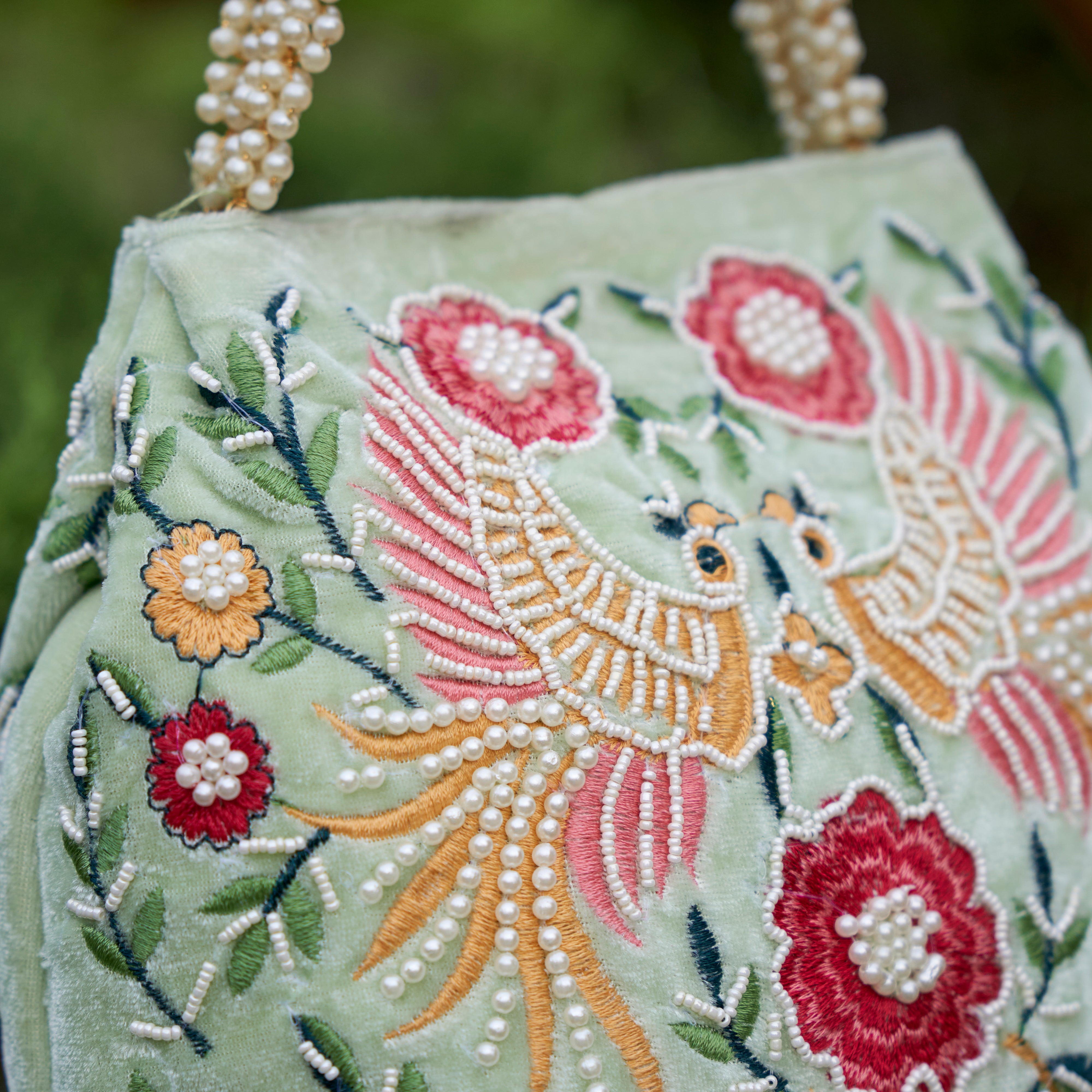 Cotton Velvet Womens Baby Blue Pink Peacock Hand Bag