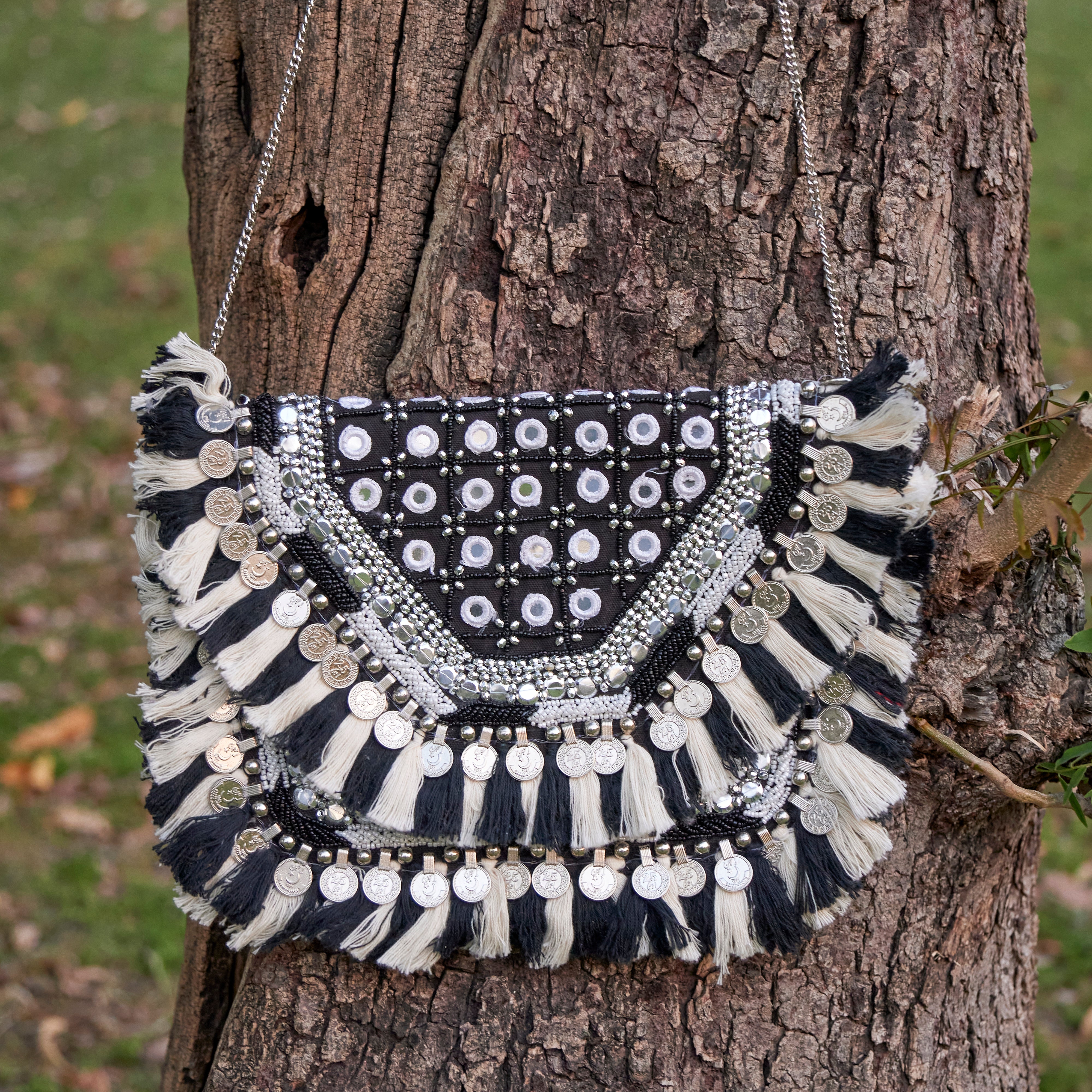 Cotton Jacquard Womens Black White Bag Sling