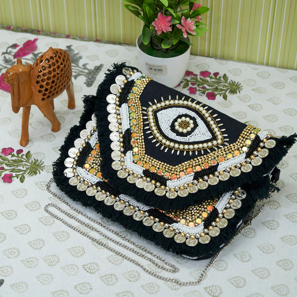 Cotton Jacquard Womens Black White Silver Bag Sling