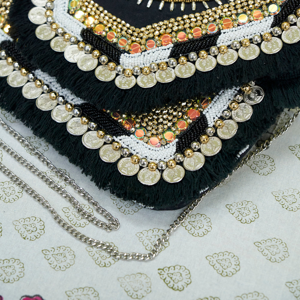 Cotton Jacquard Womens Black White Silver Bag Sling