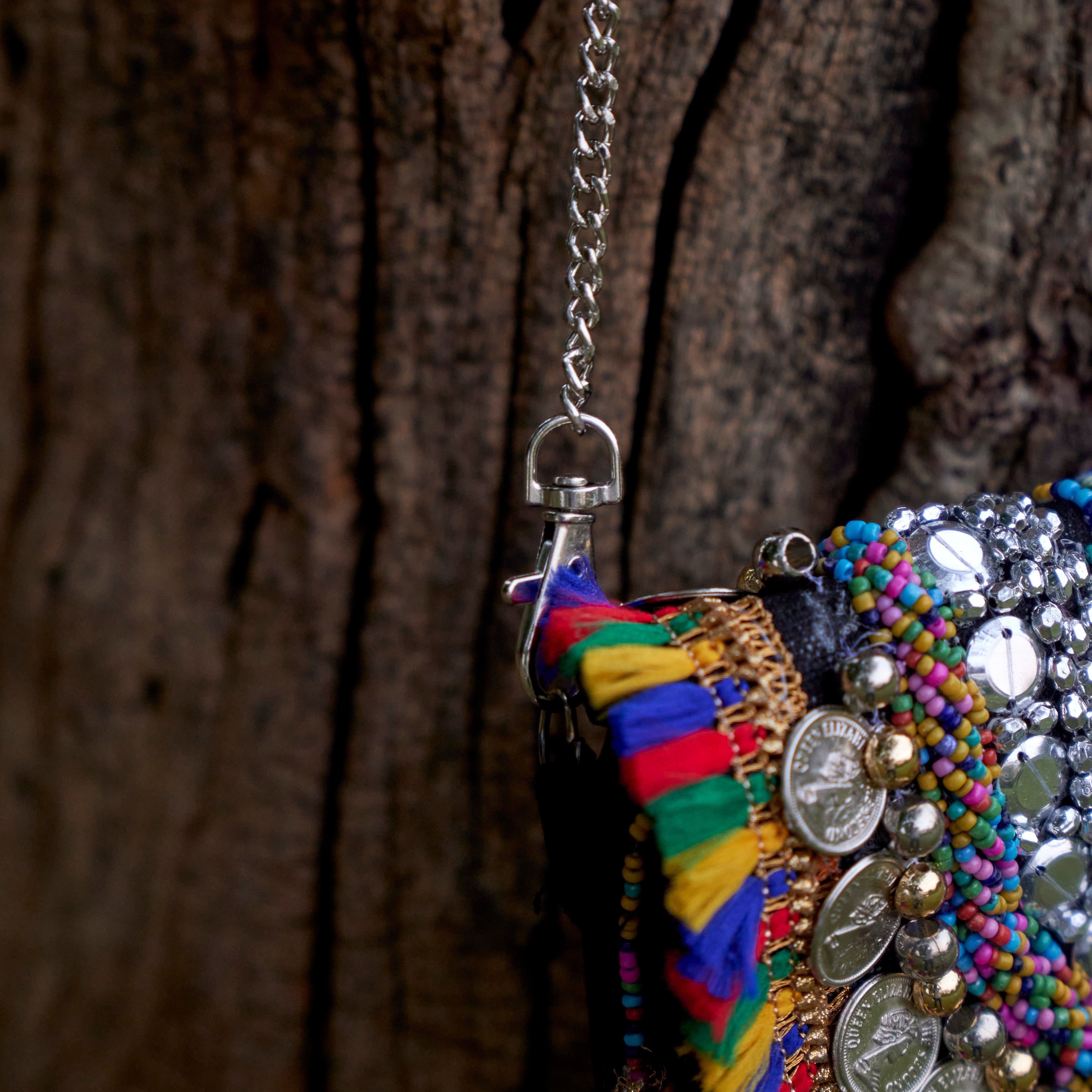 Cotton Jacquard Womens Black Silver Colourful Bag Sling