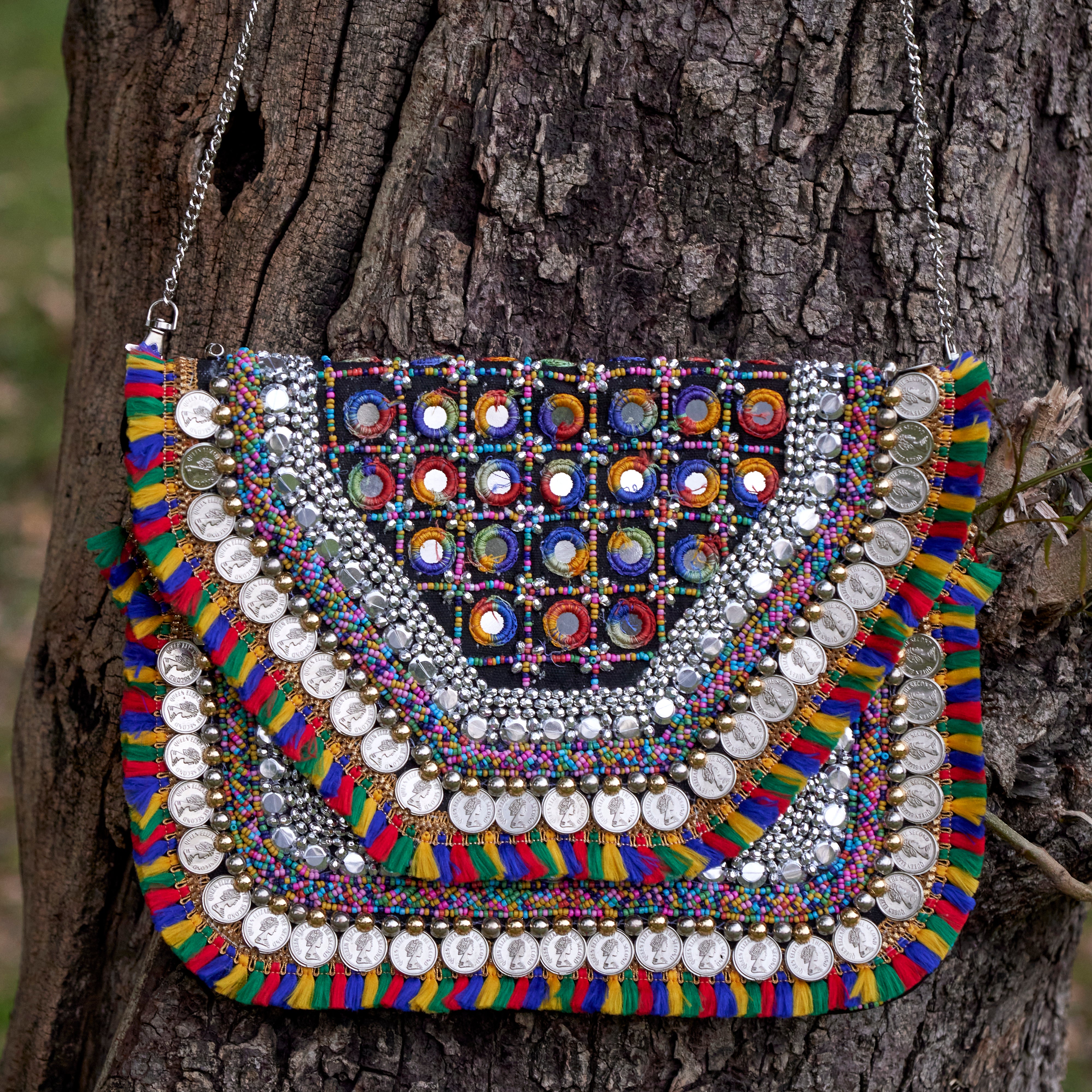 Cotton Jacquard Womens Black Silver Colourful Bag Sling