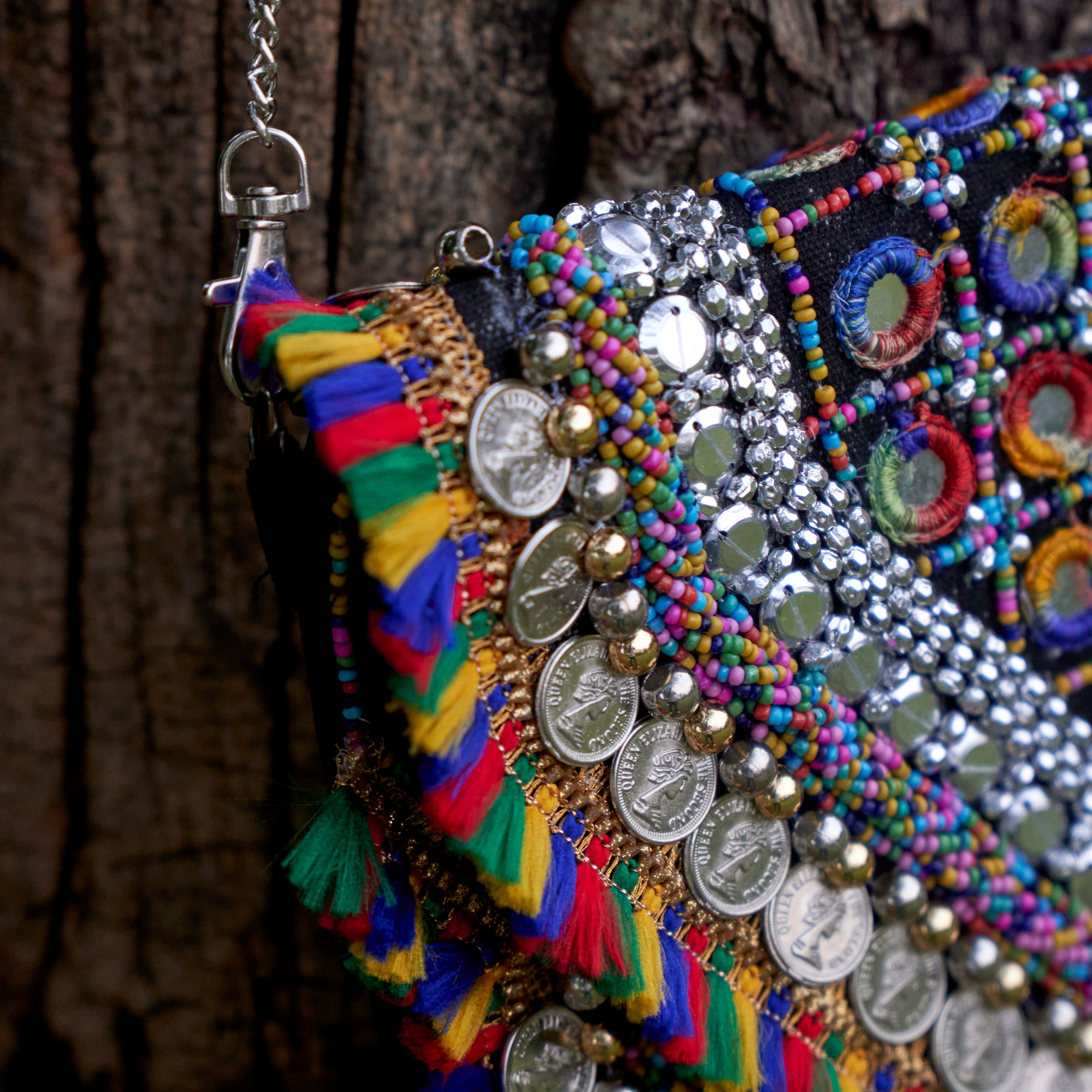 Cotton Jacquard Womens Black Silver Colourful Bag Sling