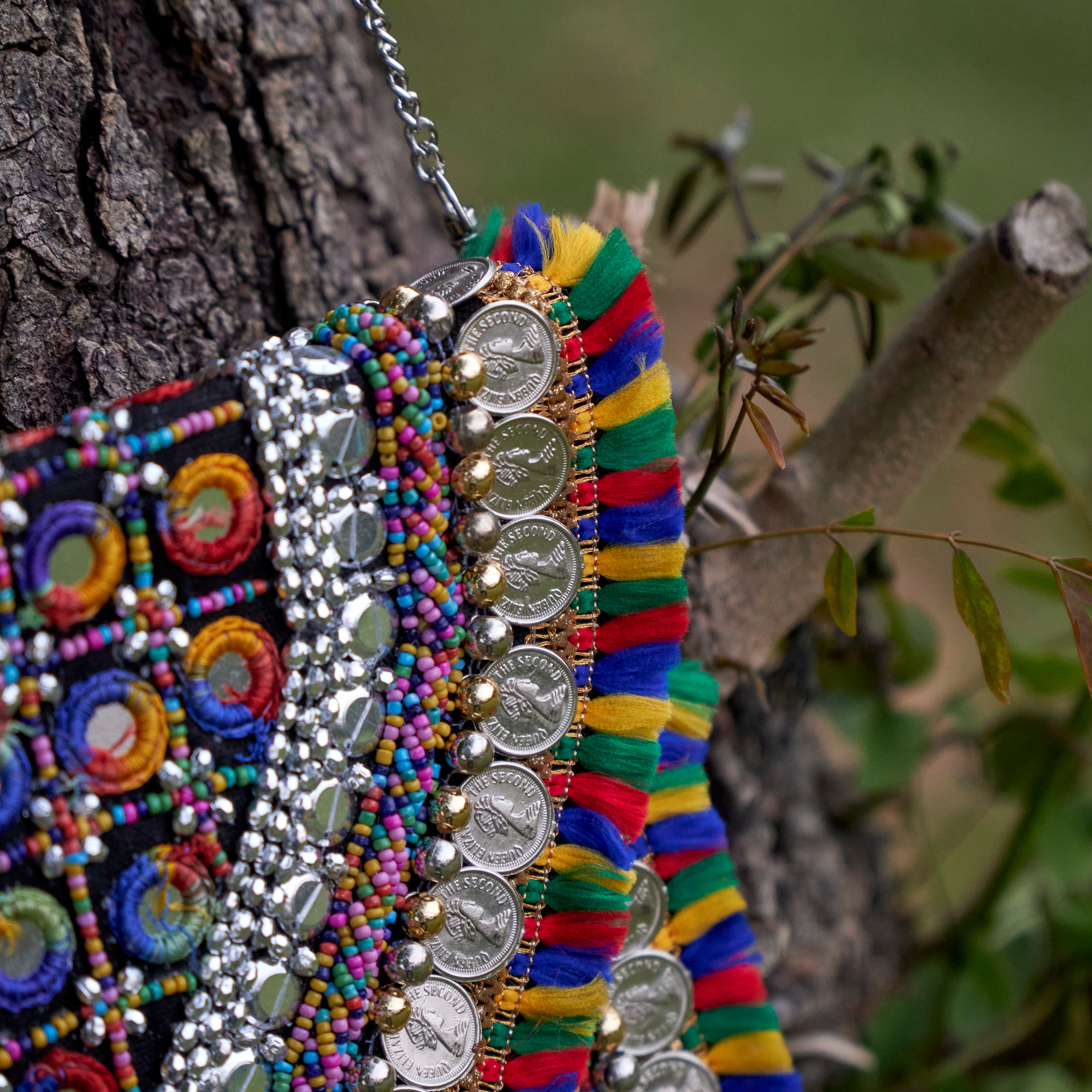 Cotton Jacquard Womens Black Silver Colourful Bag Sling