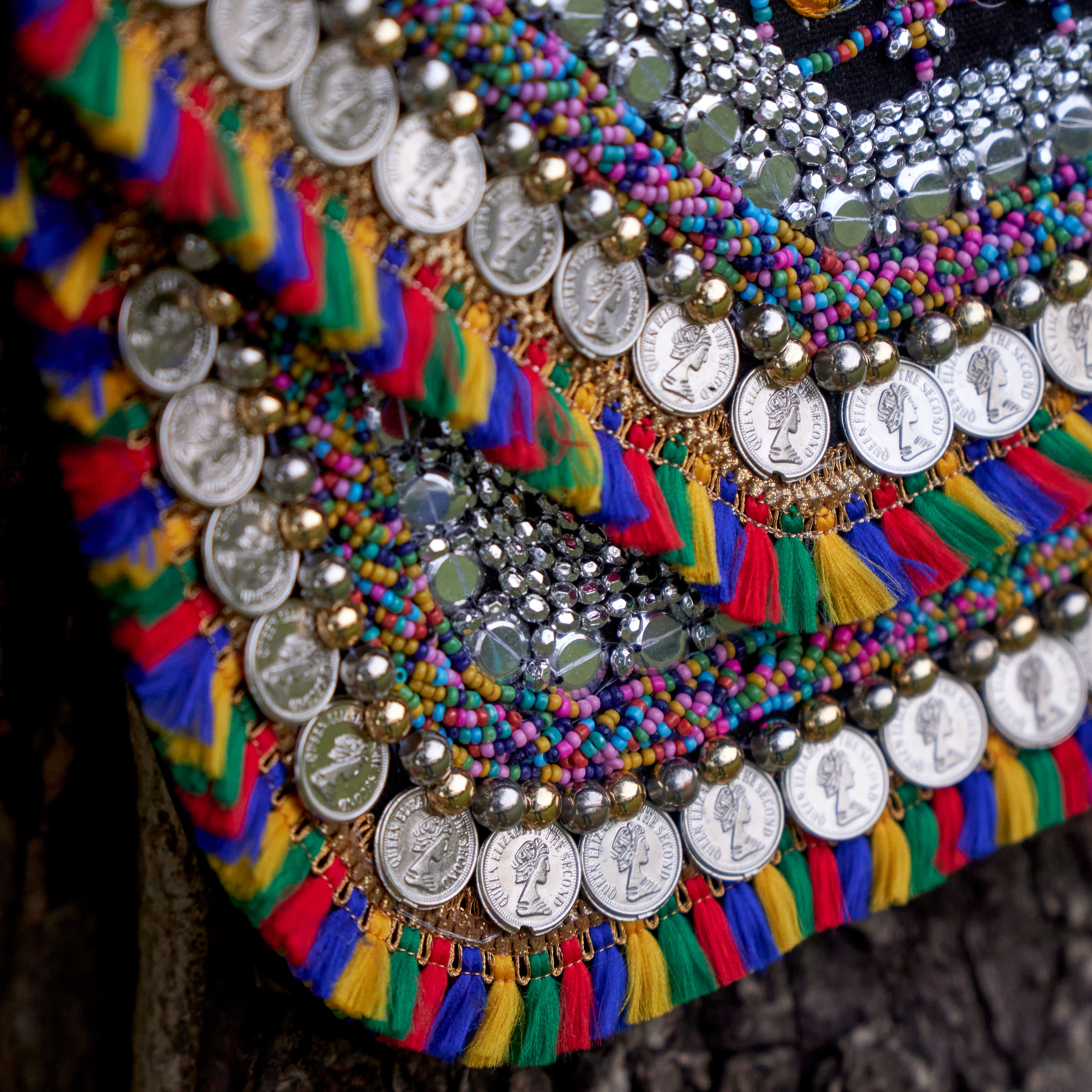 Cotton Jacquard Womens Black Silver Colourful Bag Sling