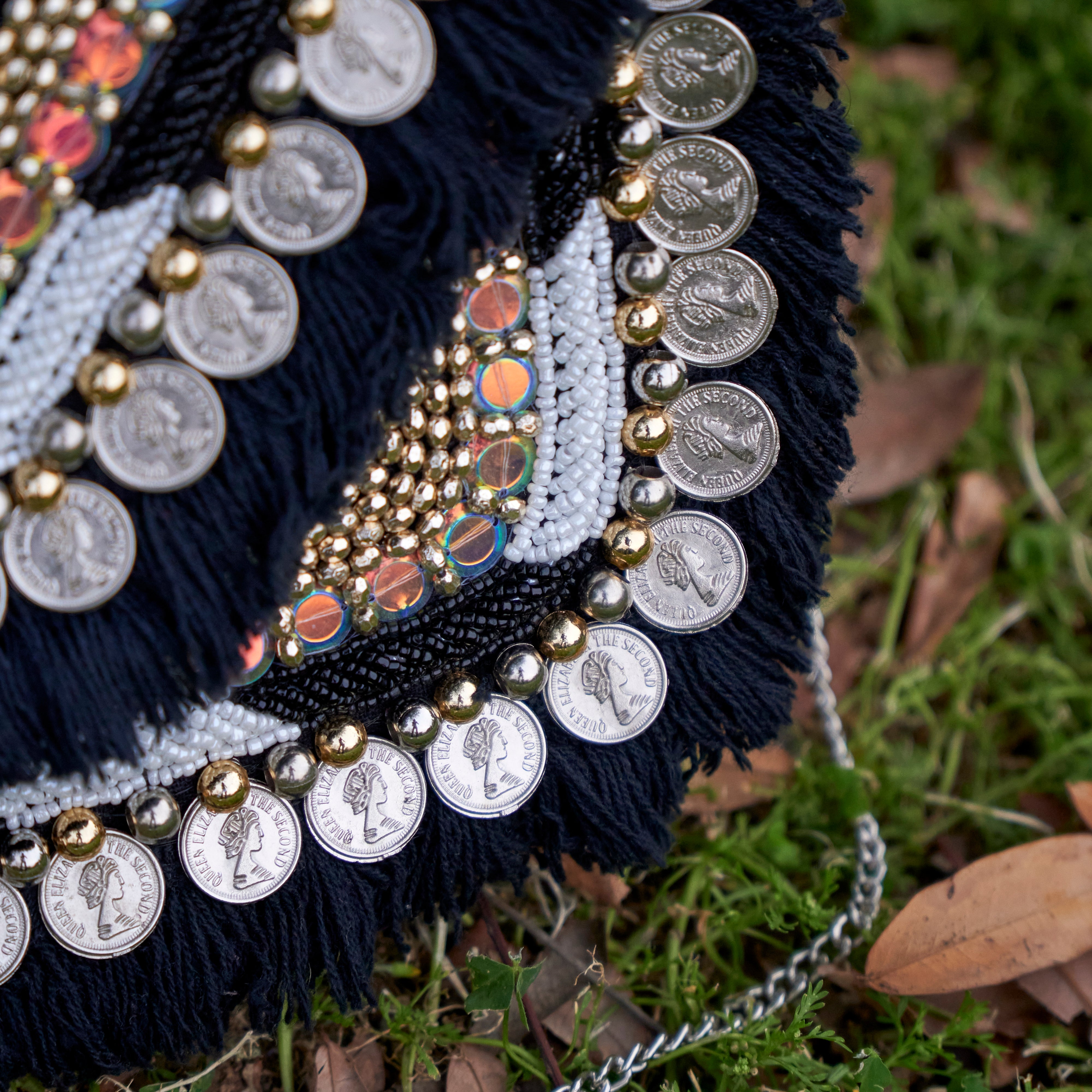 Cotton Jacquard Womens Black Silver White Bag Sling