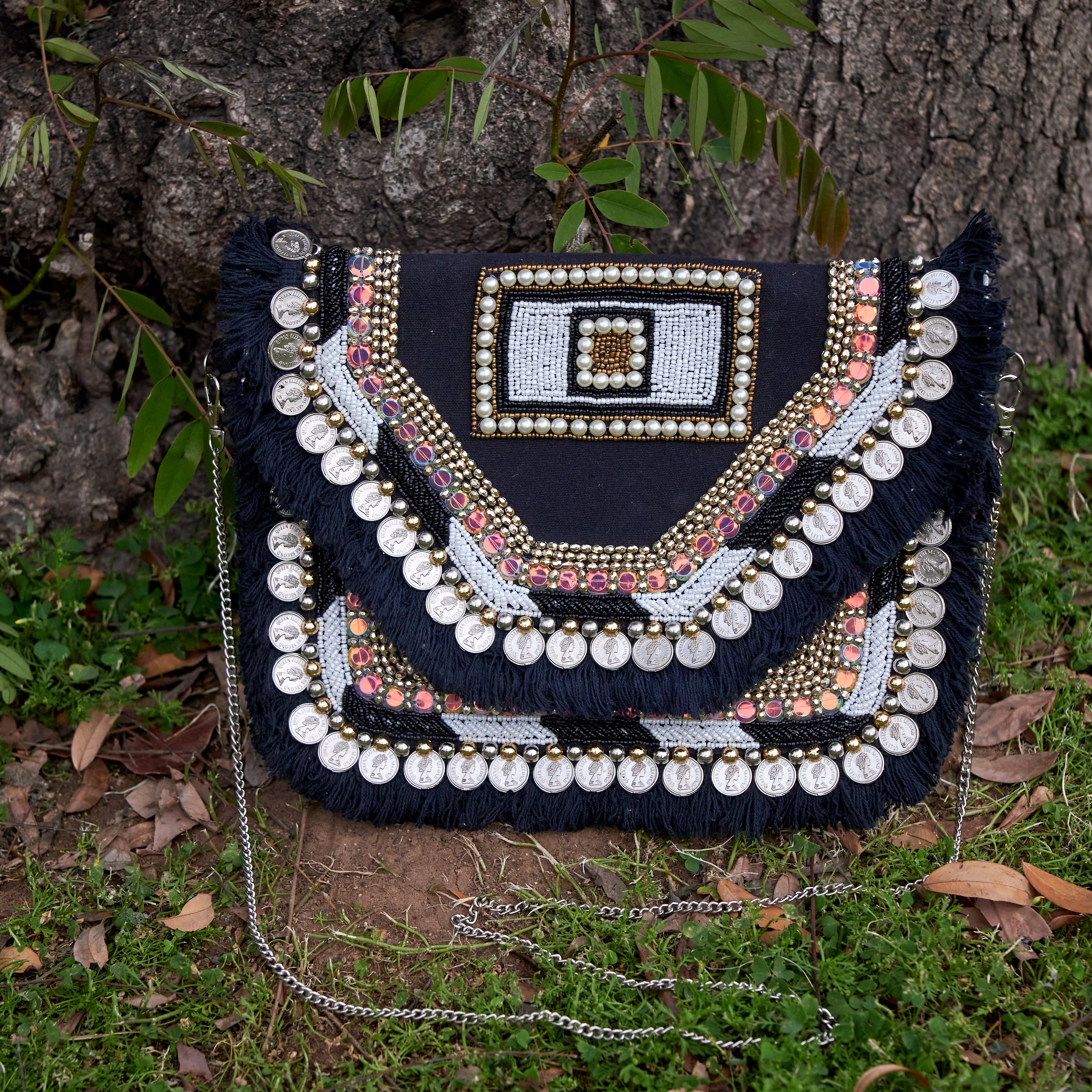 Cotton Jacquard Womens Black Silver White Bag Sling