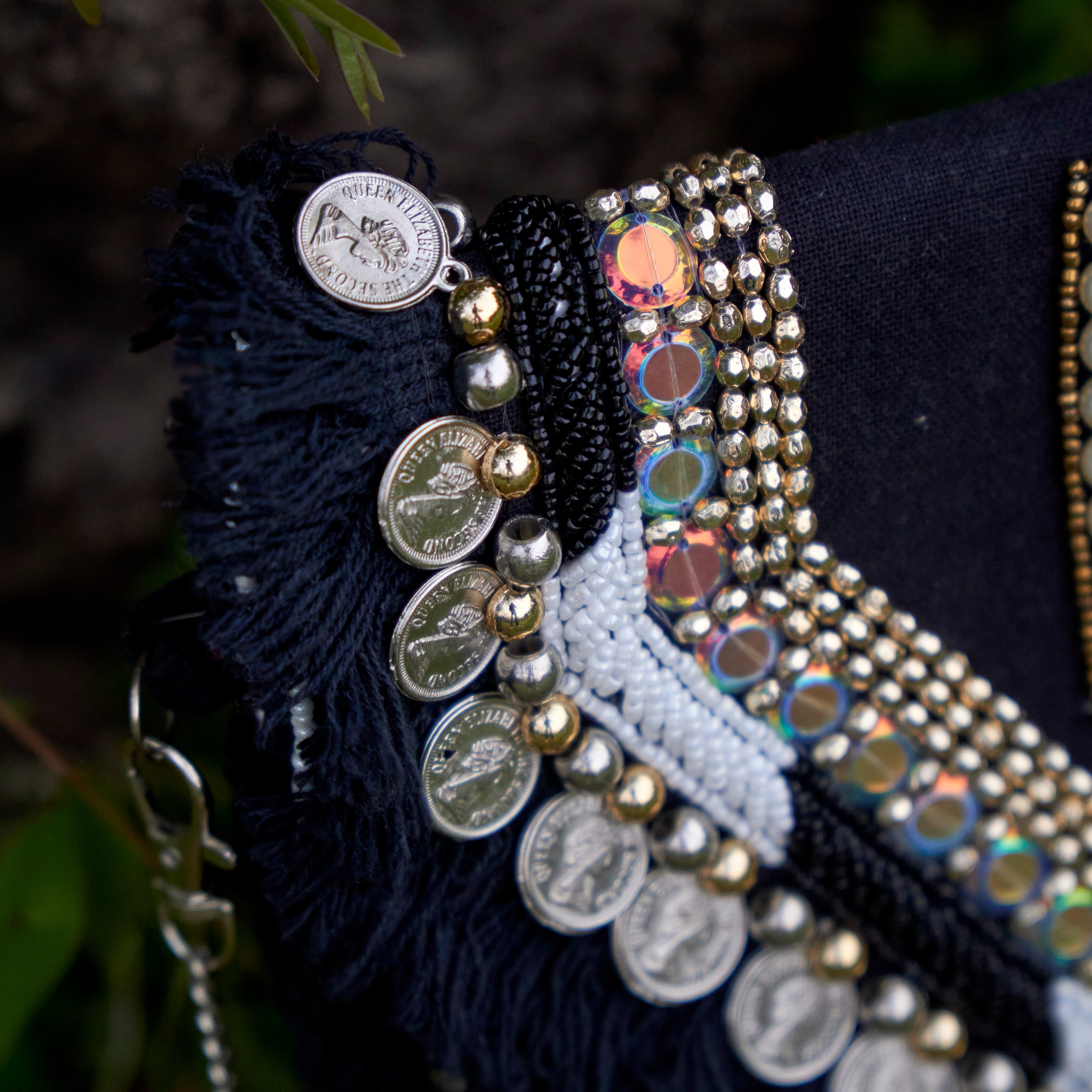 Cotton Jacquard Womens Black Silver White Bag Sling