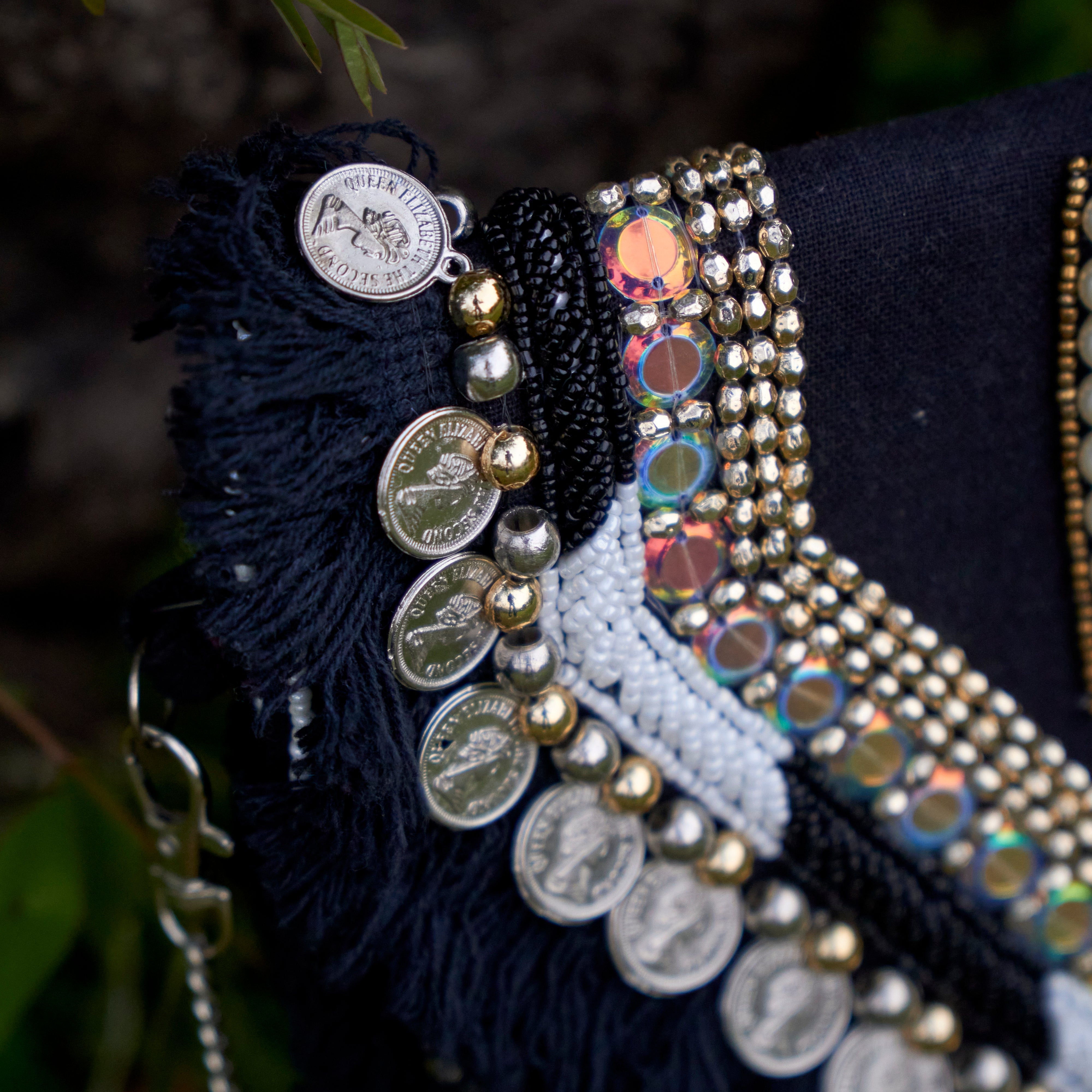 Cotton Jacquard Womens Black Silver White Bag Sling