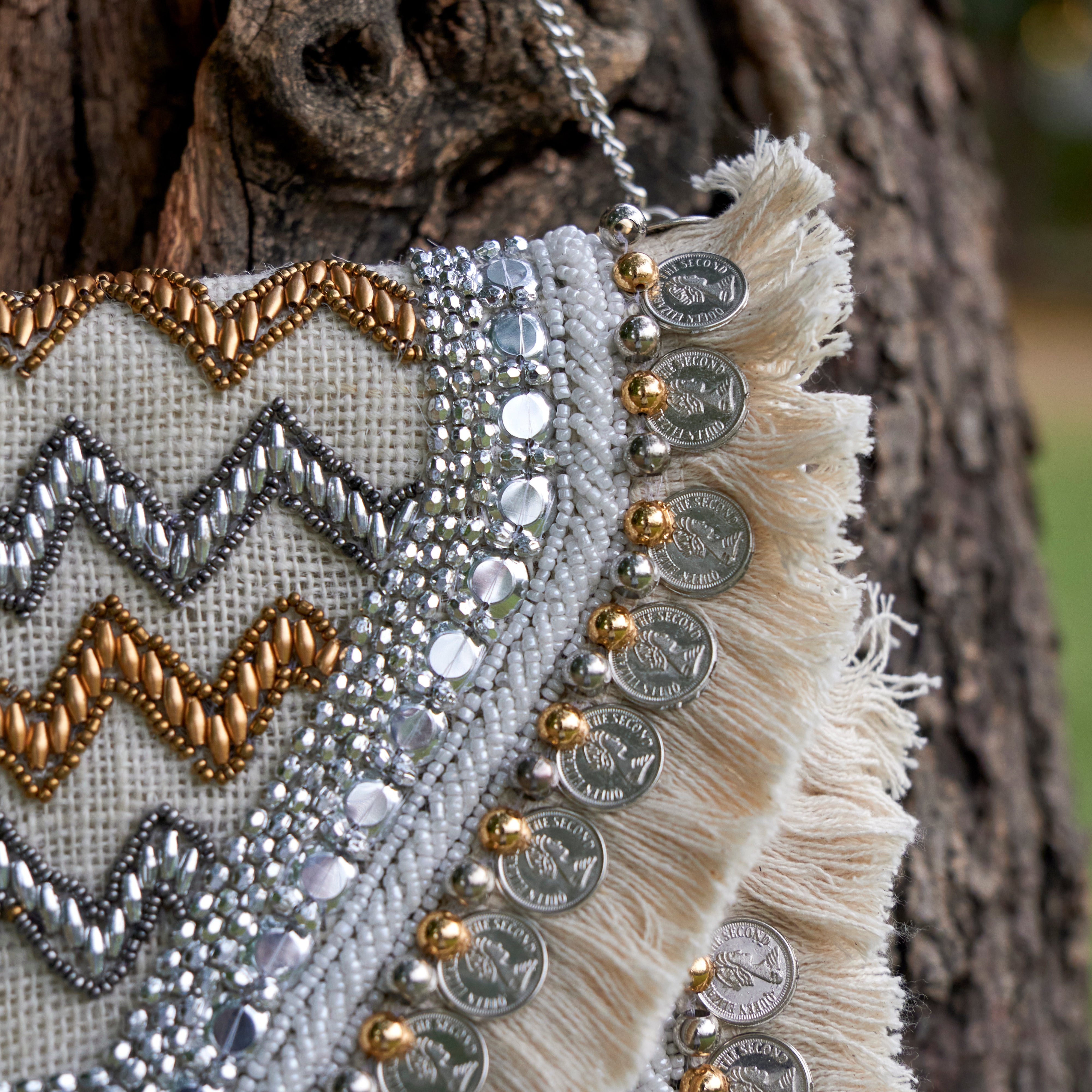 Cotton Jacquard Womens Cream Silver White Bag Sling