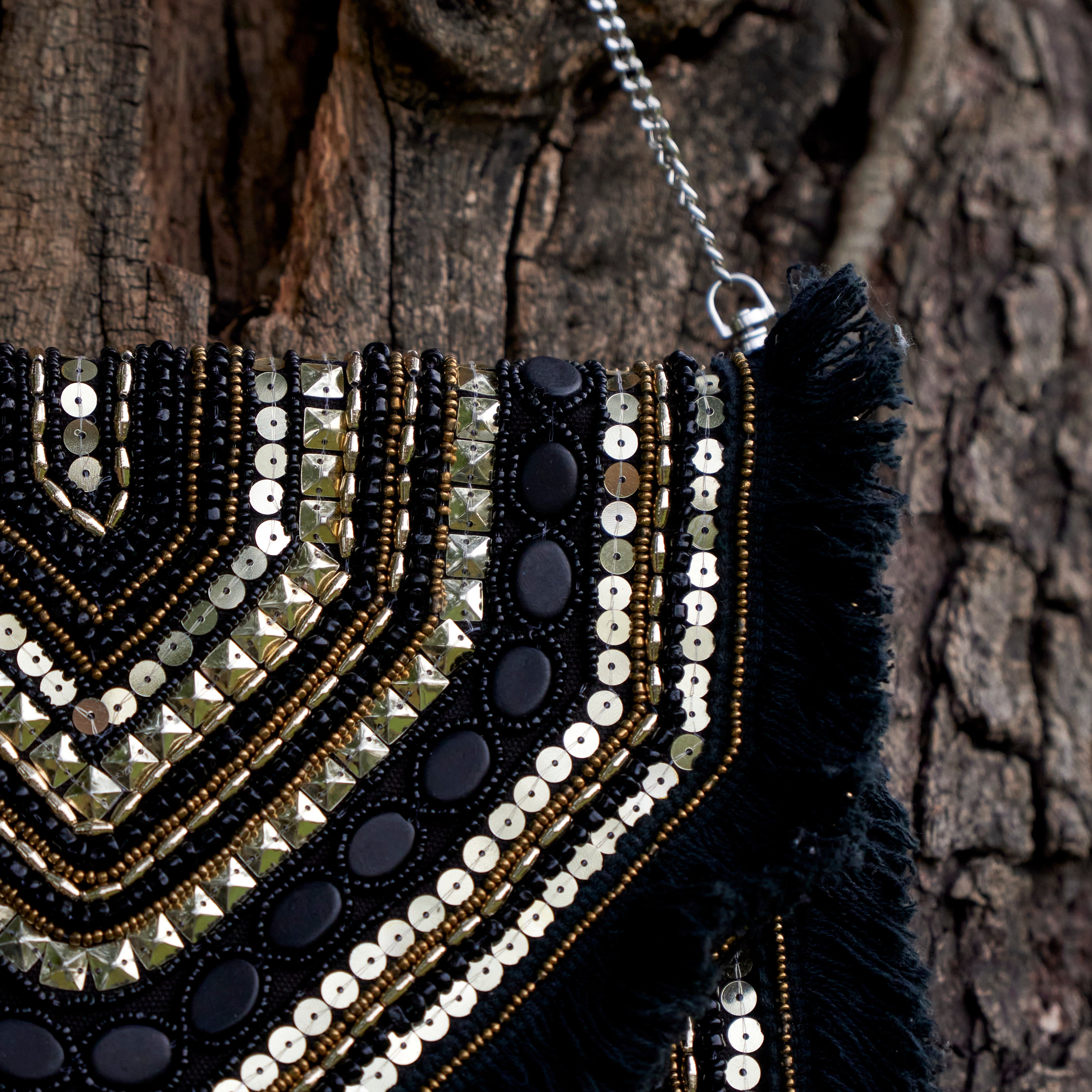 Cotton Jacquard Womens Black Golden Bag Sling