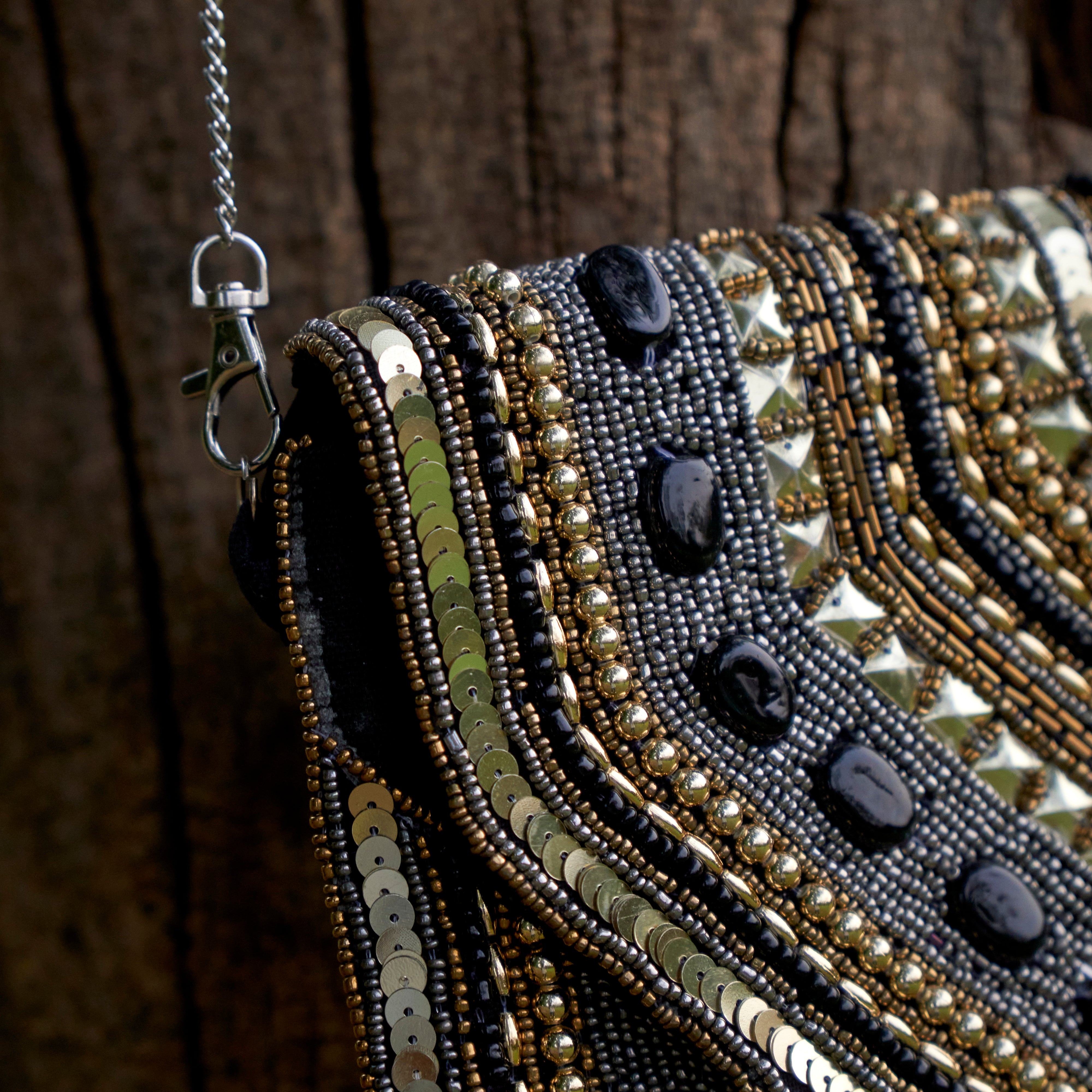 Cotton Jacquard Womens Black Silver Golden Bag Sling