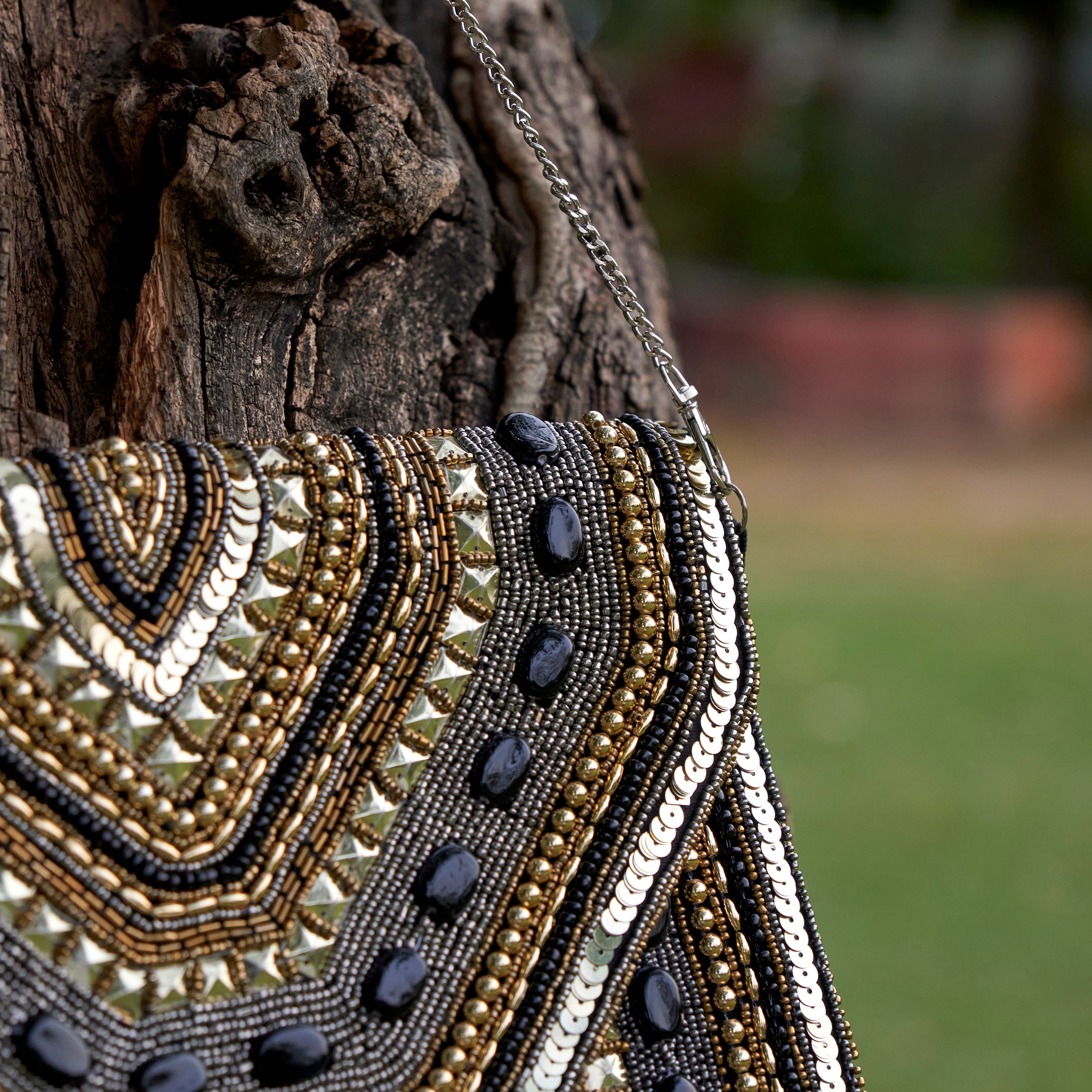 Cotton Jacquard Womens Black Silver Golden Bag Sling