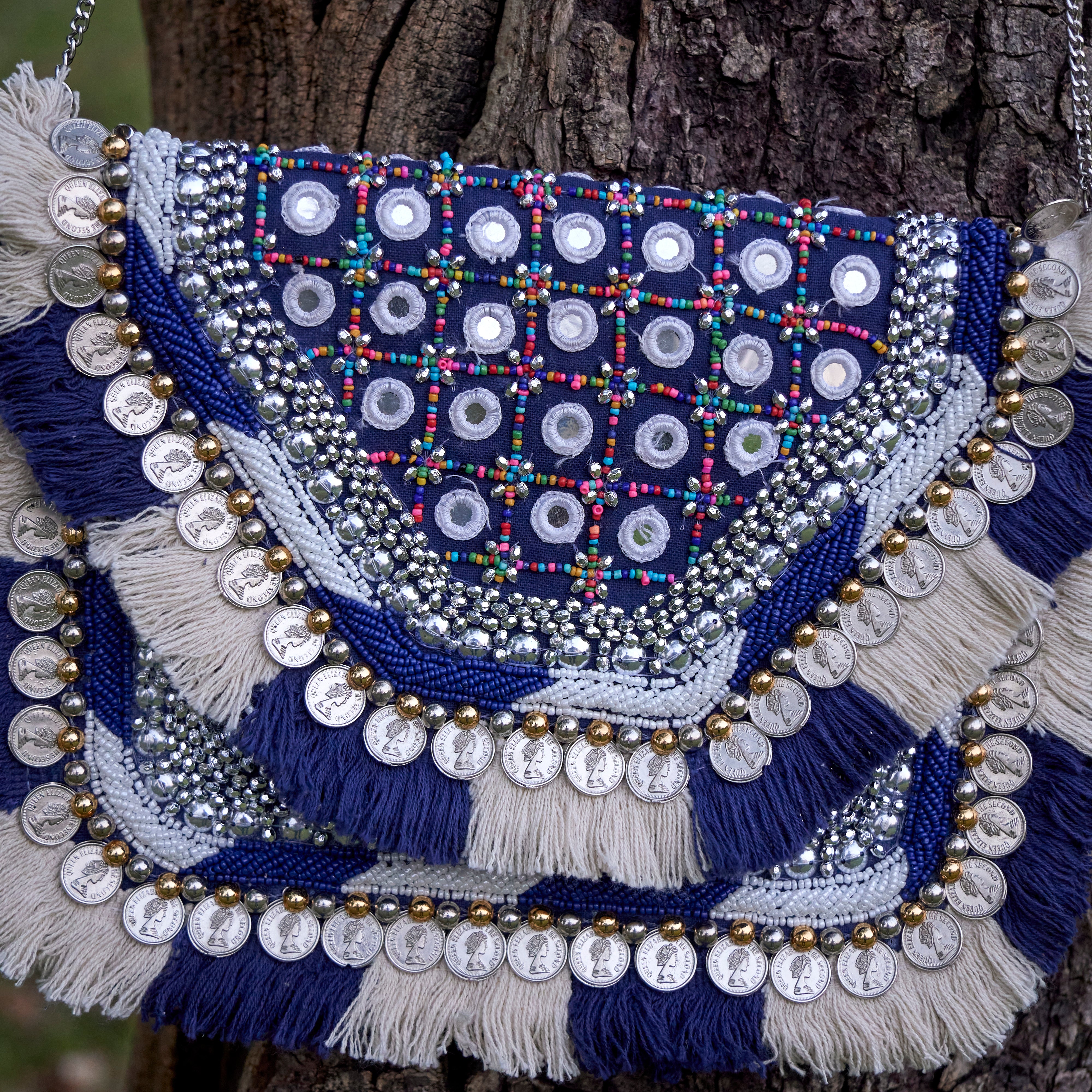 Cotton Jacquard Womens Blue White Silver Bag Sling