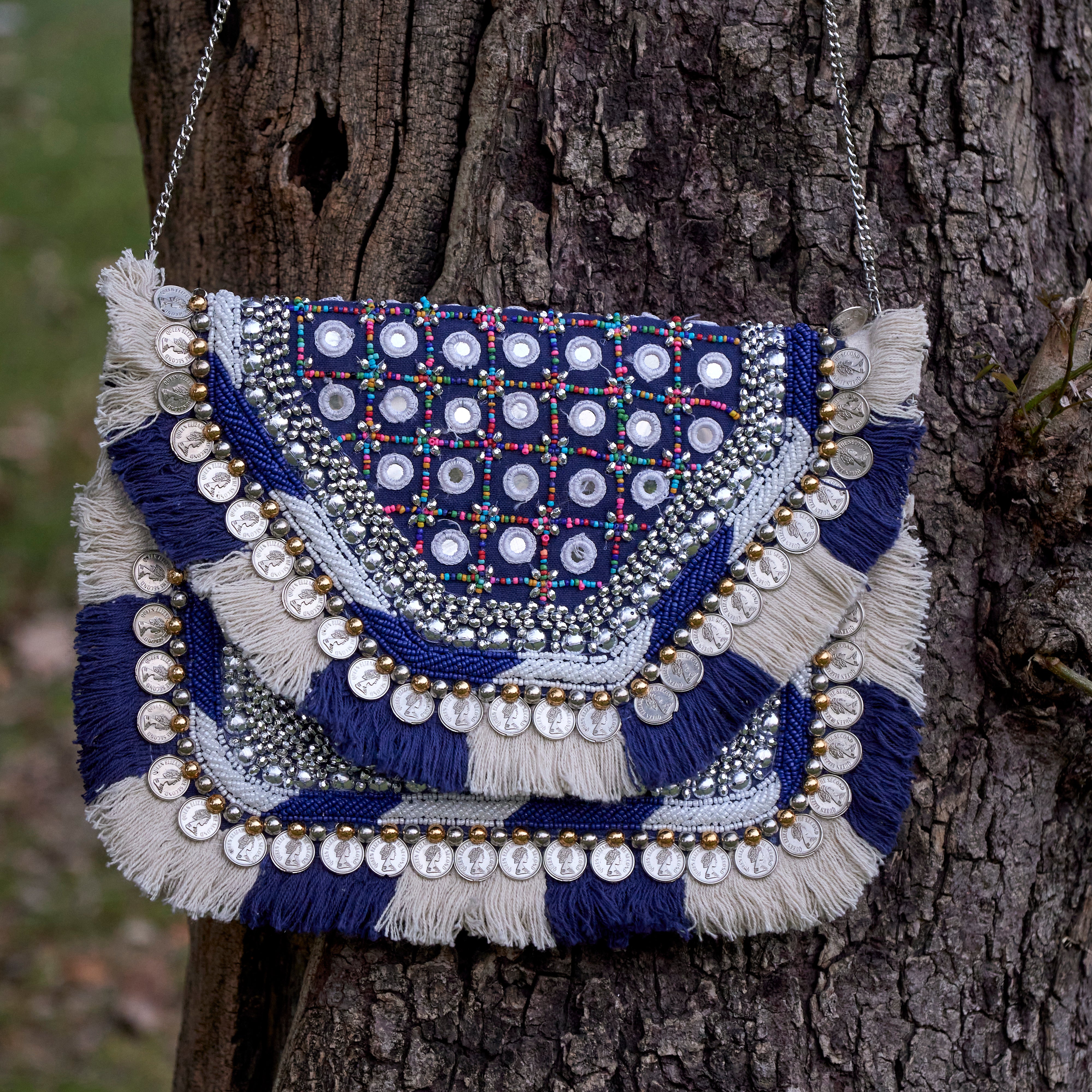 Cotton Jacquard Womens Blue White Silver Bag Sling