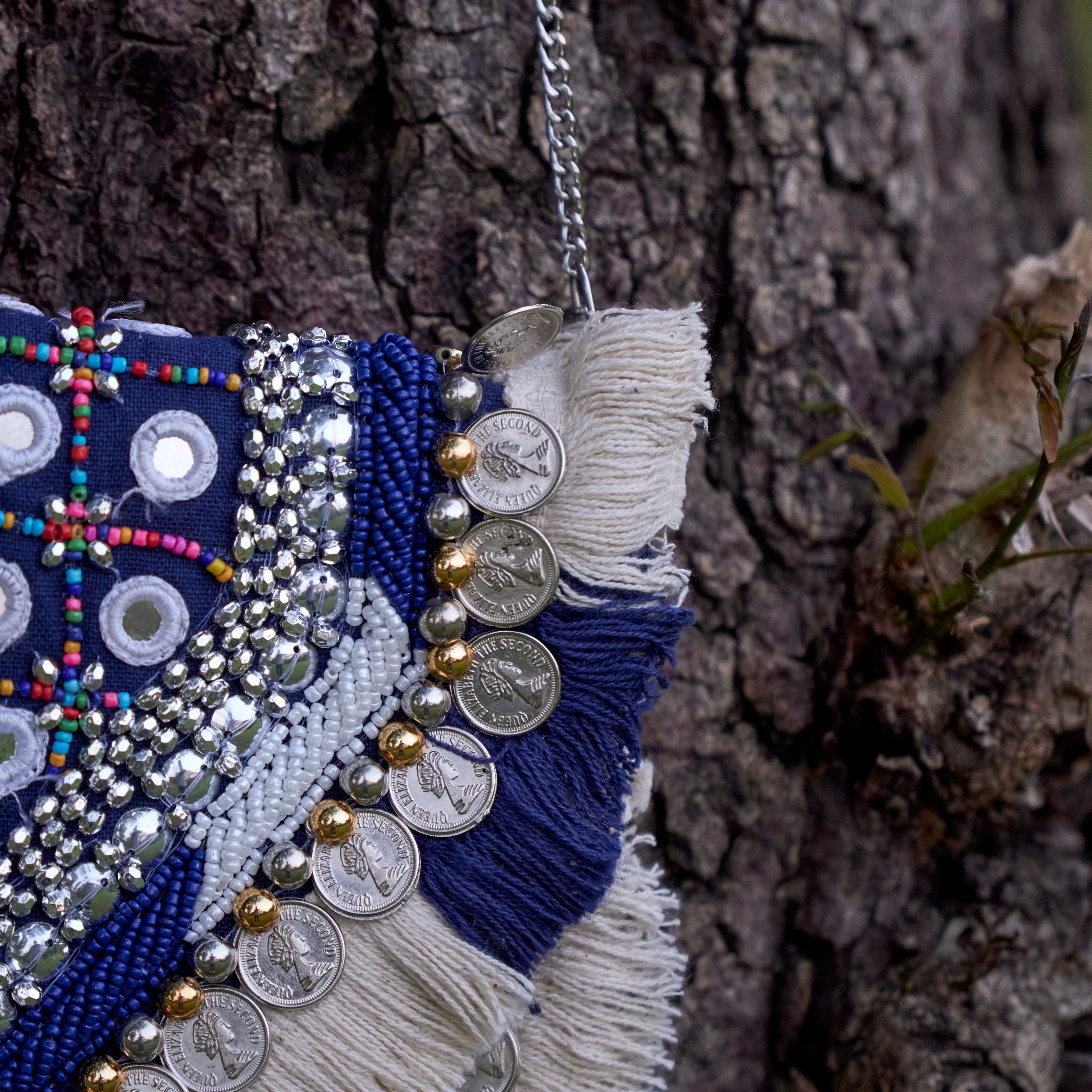 Cotton Jacquard Womens Blue White Silver Bag Sling