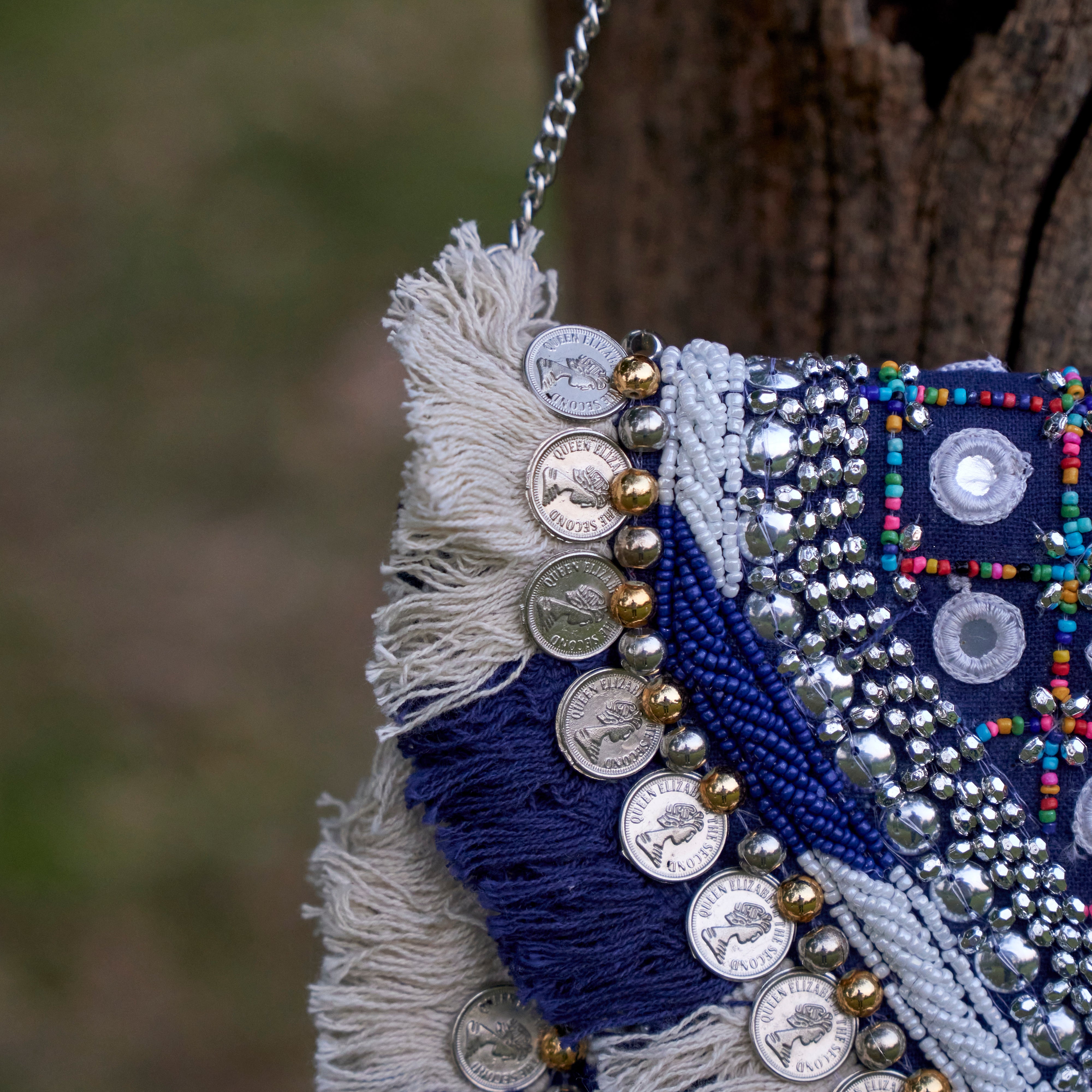 Cotton Jacquard Womens Blue White Silver Bag Sling