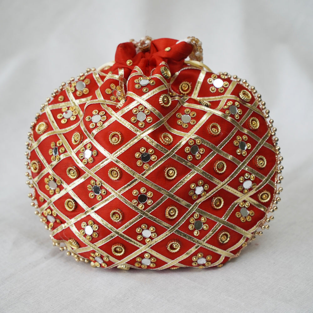 Cotton Faux Silk Embroidery Womens Red Golden Potli