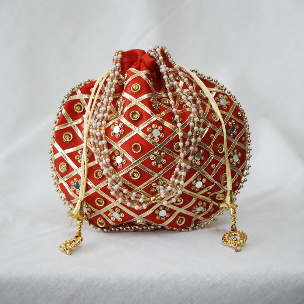 Cotton Faux Silk Embroidery Womens Red Golden Potli