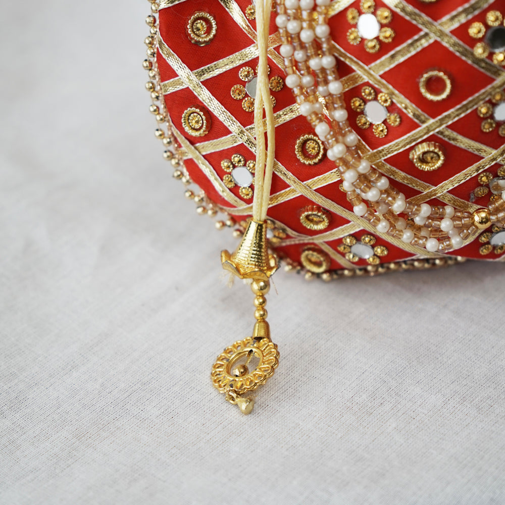 Cotton Faux Silk Embroidery Womens Red Golden Potli