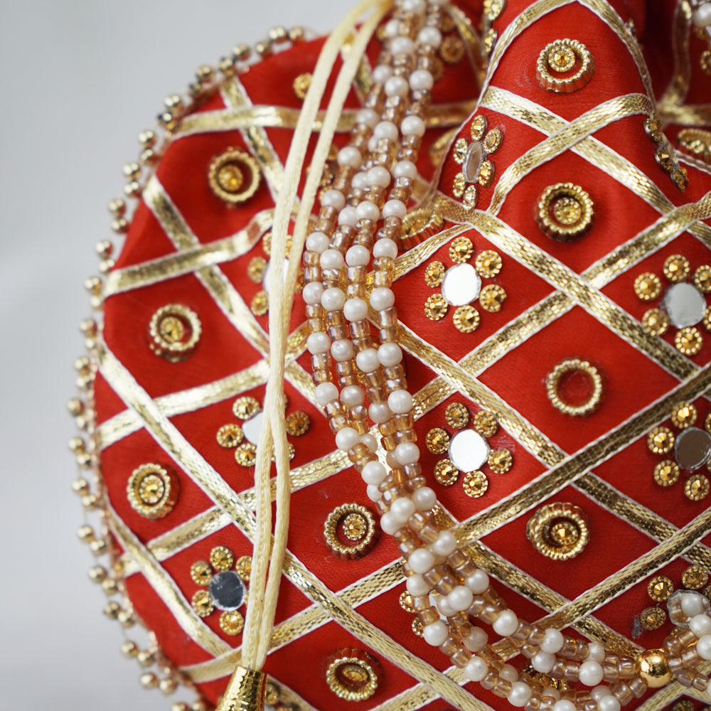 Cotton Faux Silk Embroidery Womens Red Golden Potli